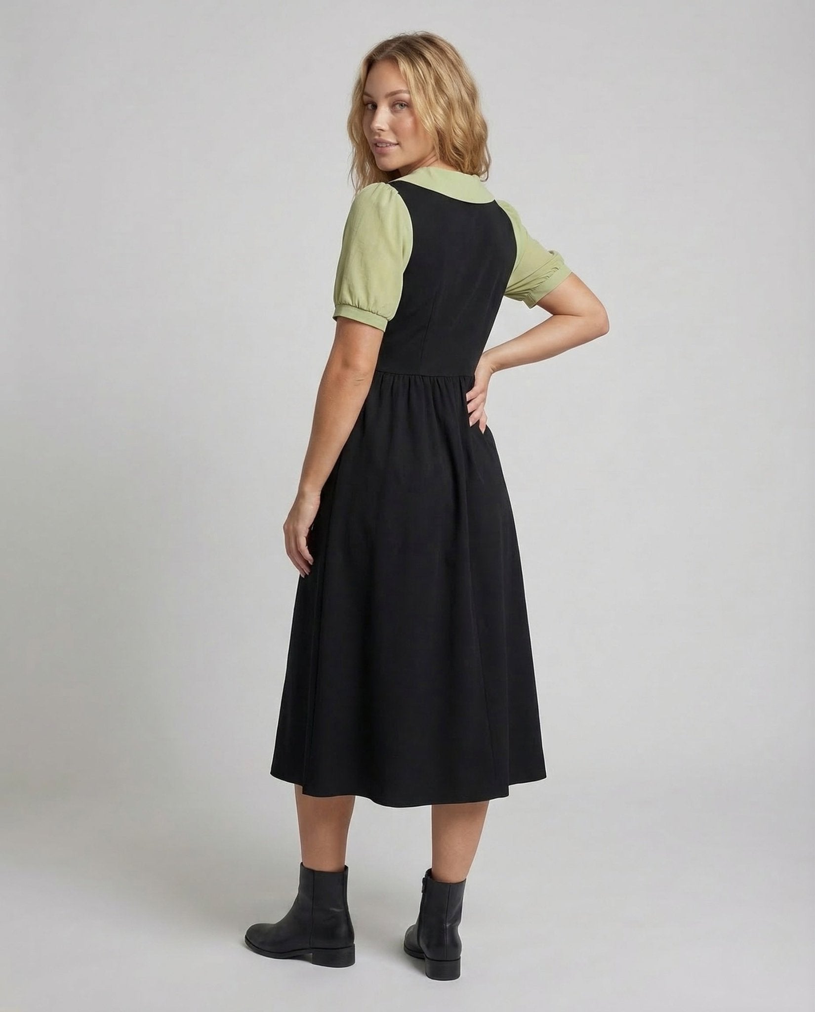 Women's Midi Dress Notched Collar Puff Sleeves - Chichicherry