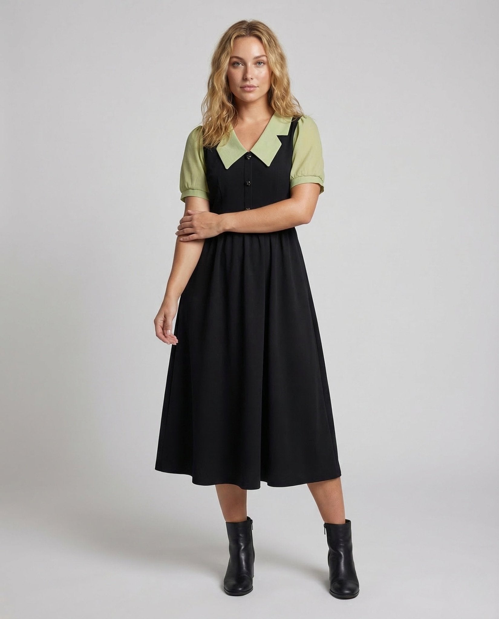 Women's Midi Dress Notched Collar Puff Sleeves - Chichicherry