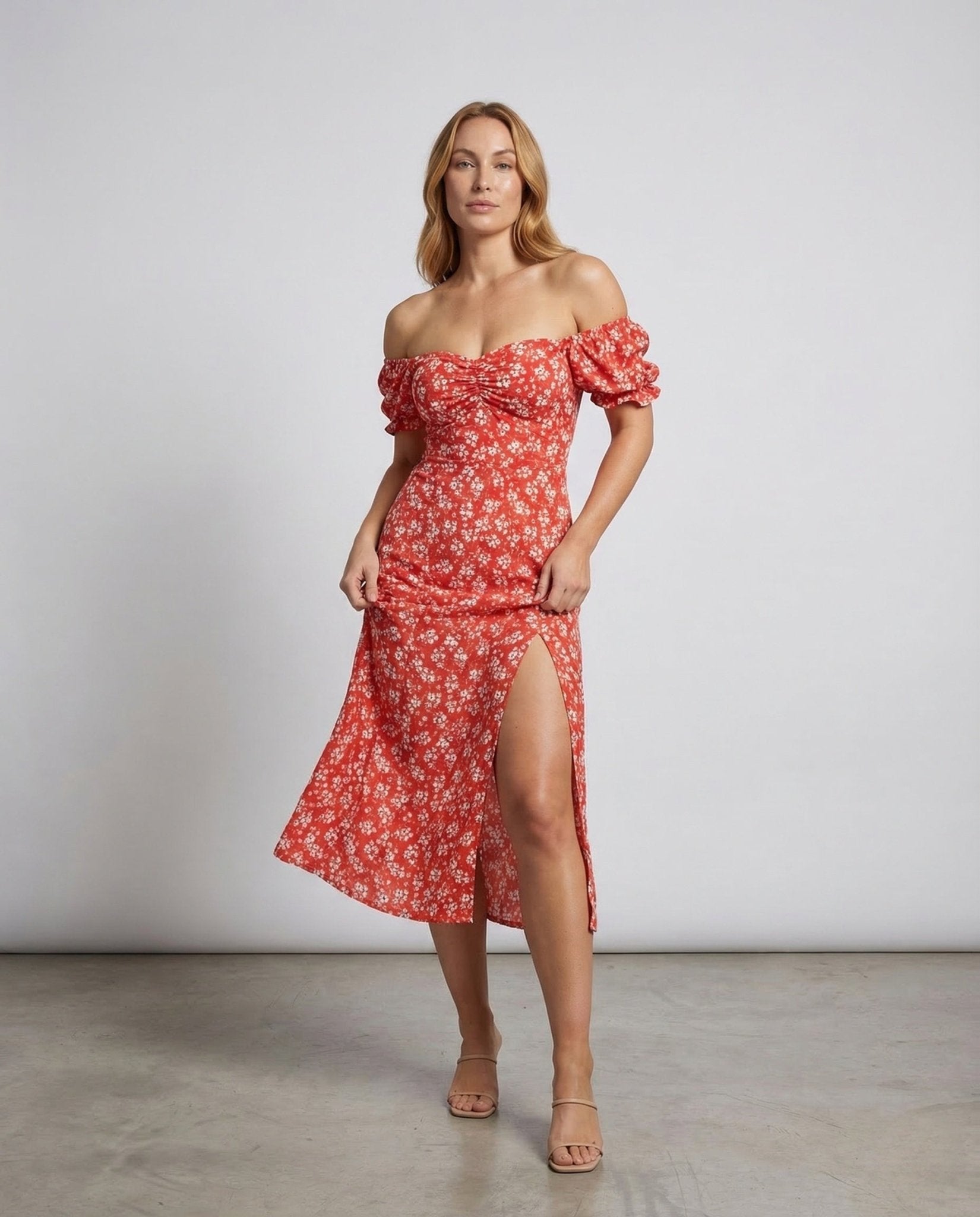 Women's Midi Dress Off - Shoulder Puff Sleeves Slit - Chichicherry