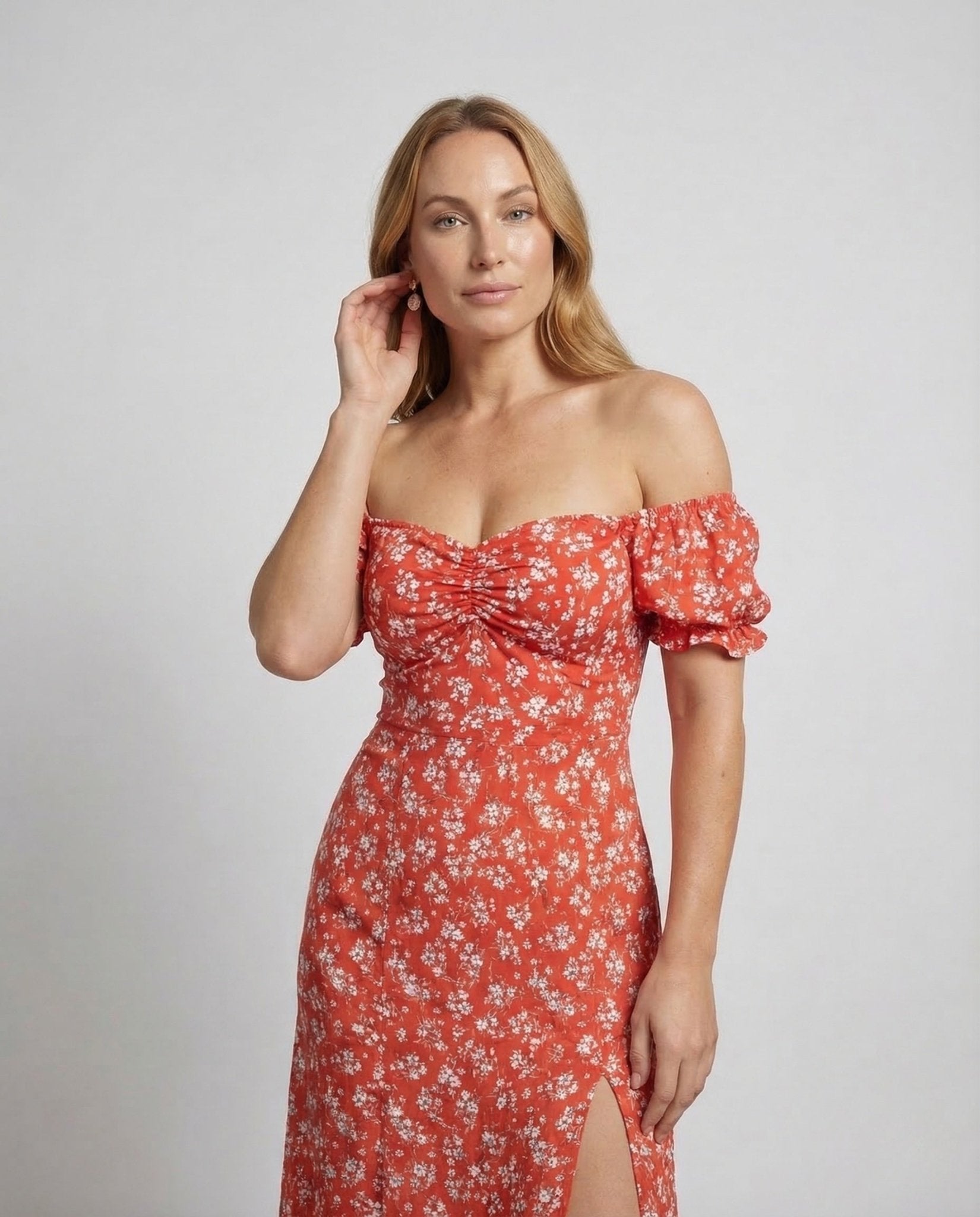 Women's Midi Dress Off - Shoulder Puff Sleeves Slit - Chichicherry