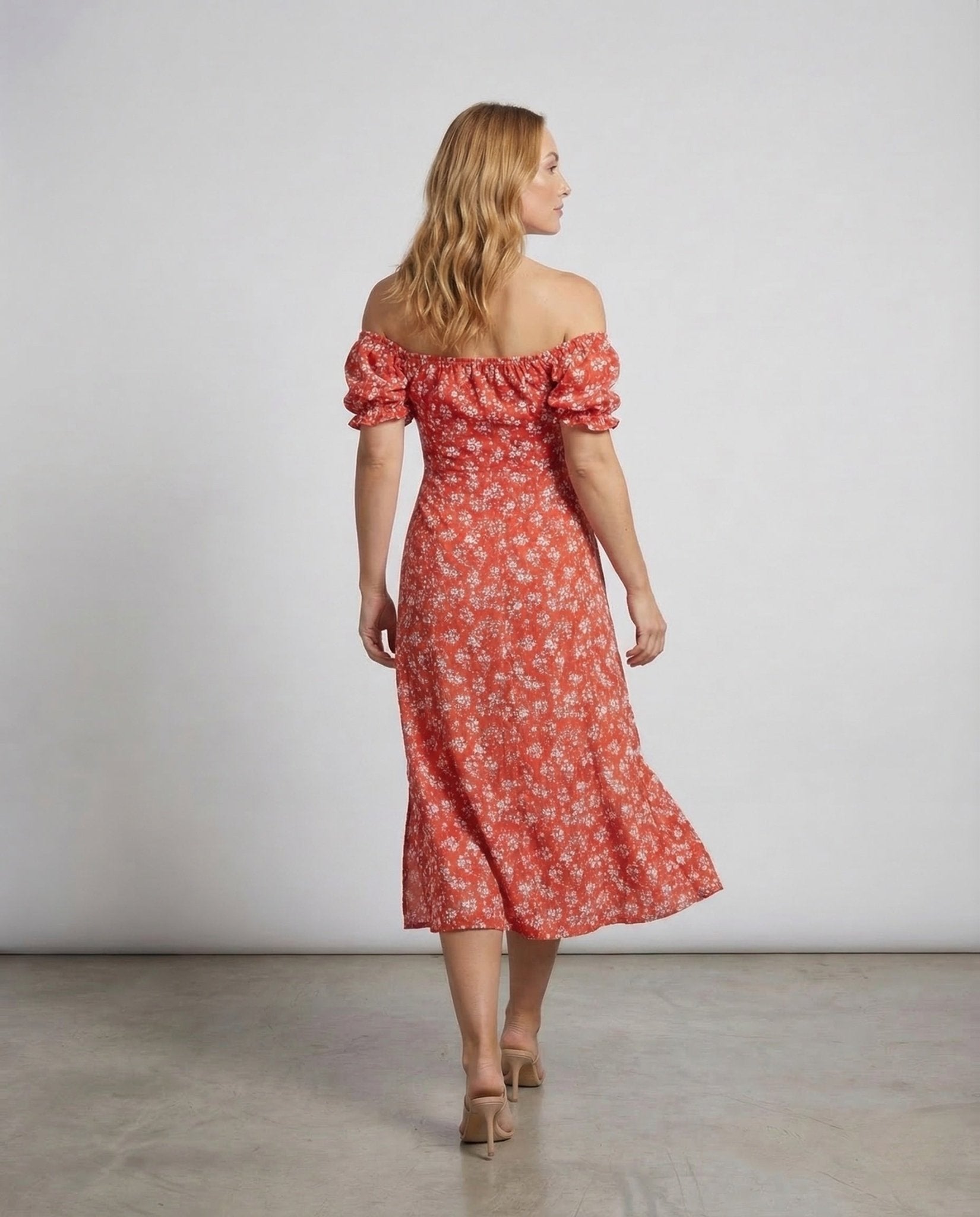 Women's Midi Dress Off - Shoulder Puff Sleeves Slit - Chichicherry