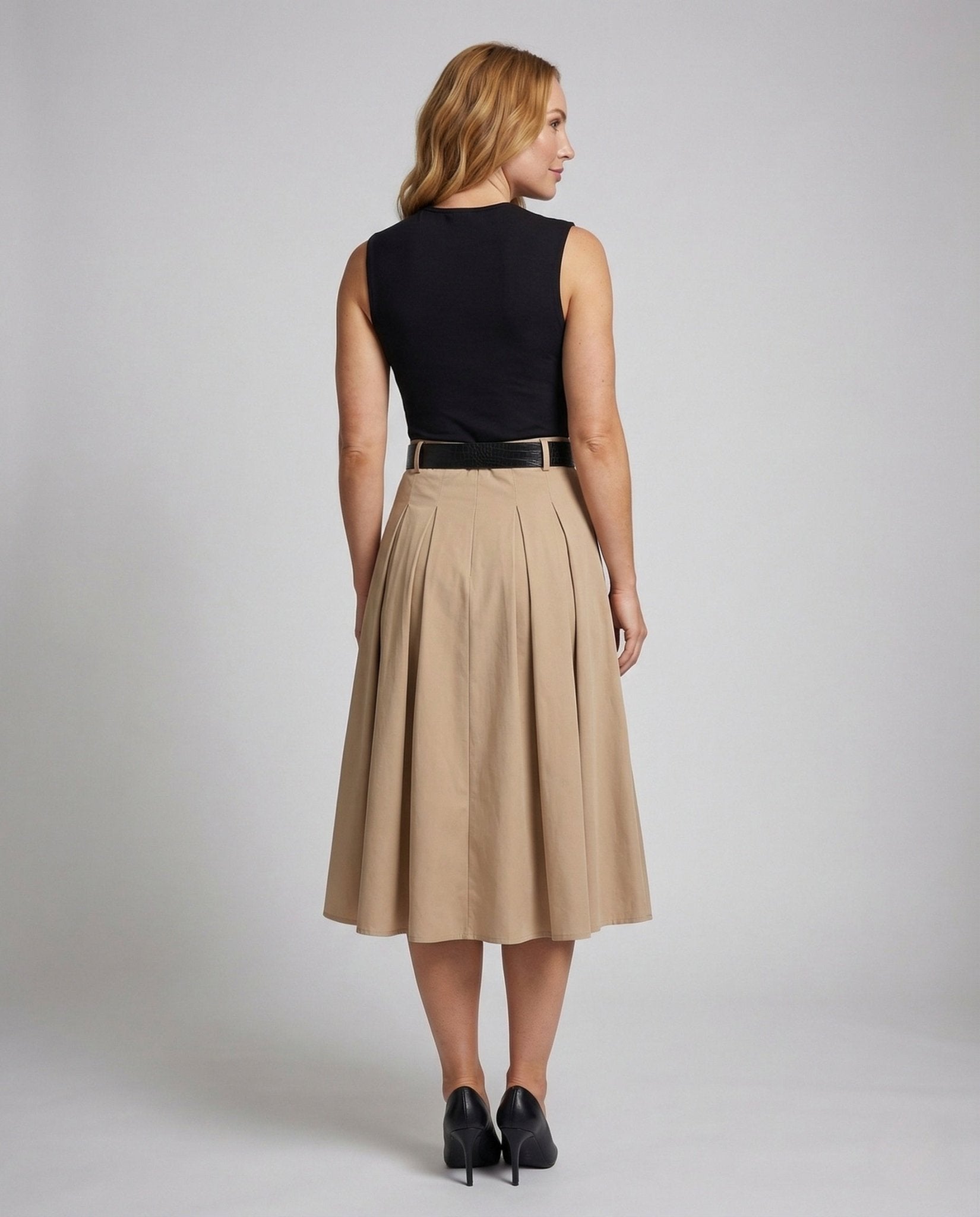 Women's Midi Dress Pleated Skirt Waist Belt - Chichicherry