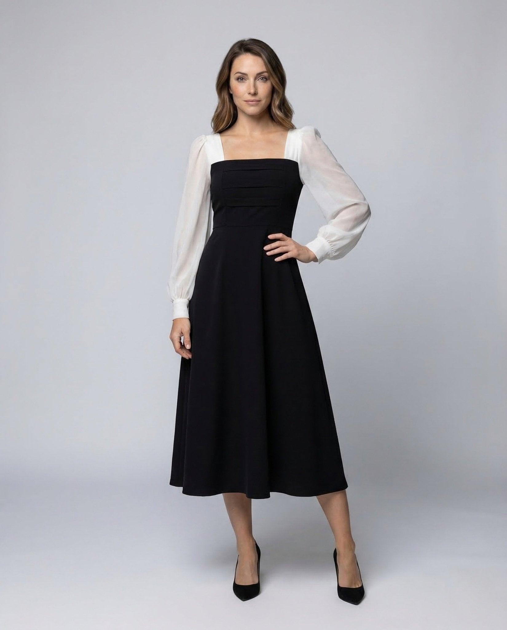 Women's Midi Dress Two-Piece Look Chiffon Sleeves - Chichicherry
