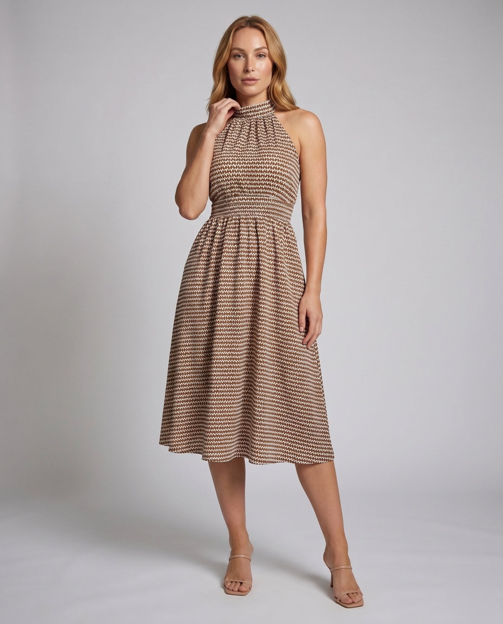 Women’s midi dress with a chic high-neck design and stylish pattern - Chichicherry