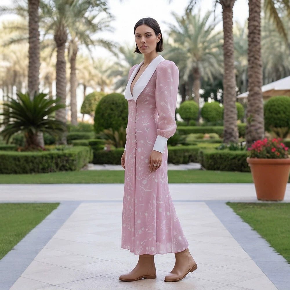 Women's midi dress with deep shawl collar, puff sleeves, and side slit Chichicherry - Chichicherry