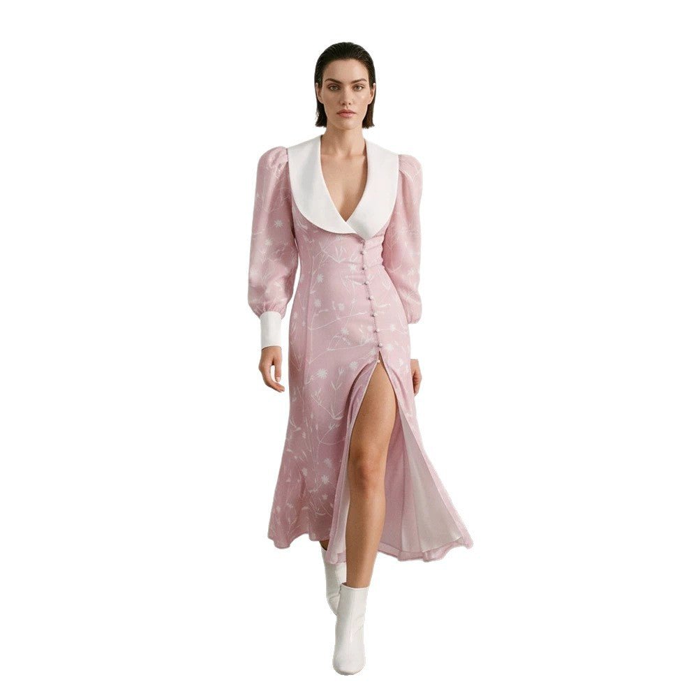 Women's midi dress with deep shawl collar, puff sleeves, and side slit Chichicherry - Chichicherry