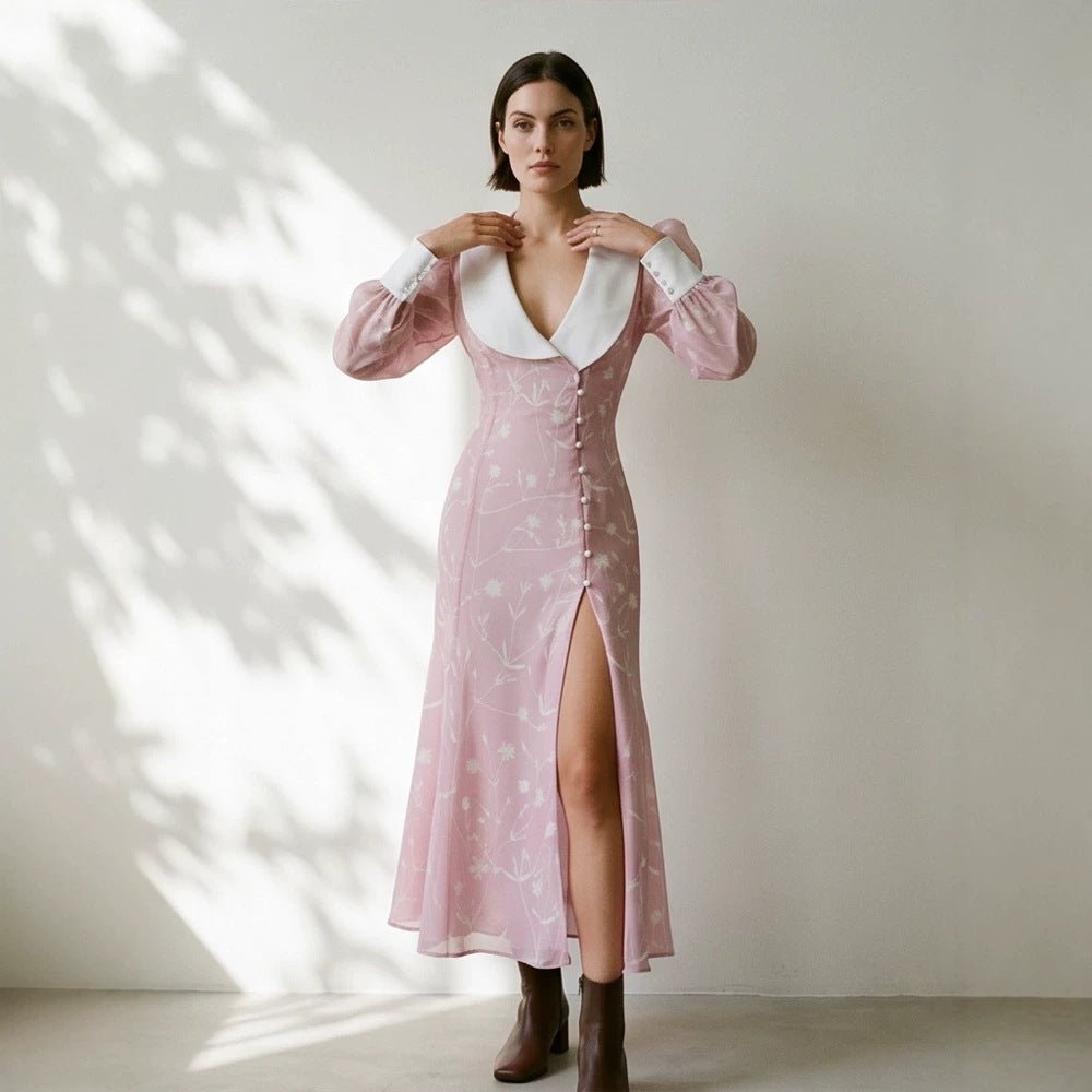 Women's midi dress with deep shawl collar, puff sleeves, and side slit Chichicherry - Chichicherry