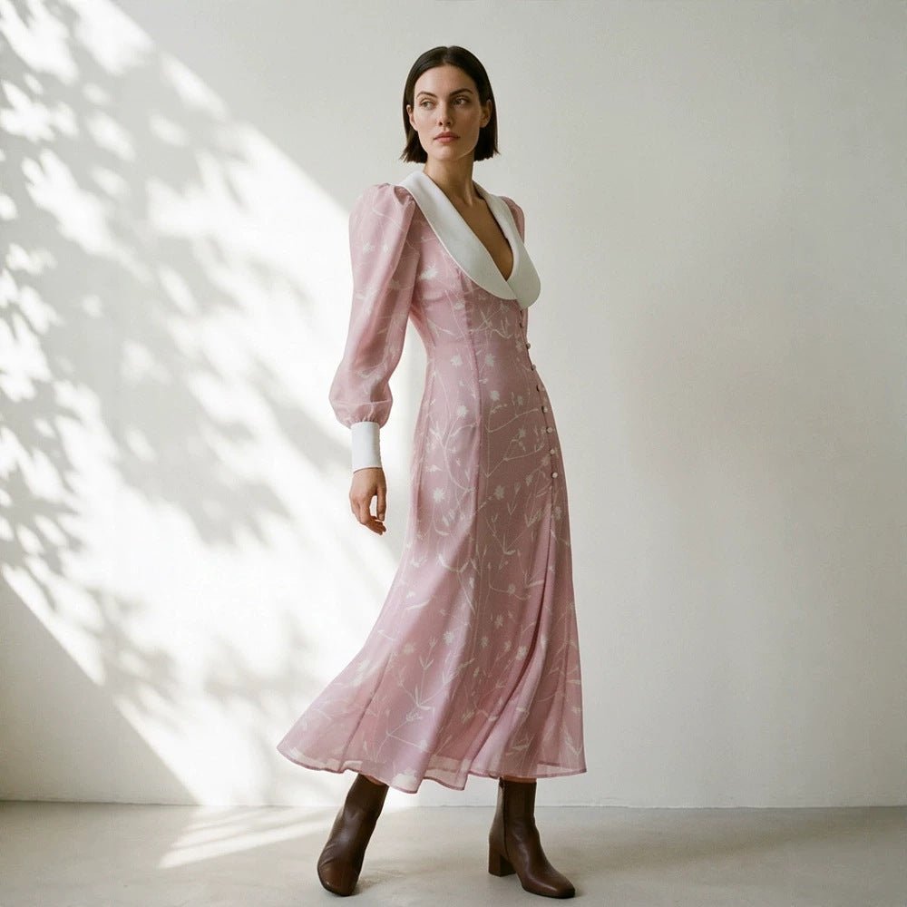Women's midi dress with deep shawl collar, puff sleeves, and side slit Chichicherry - Chichicherry