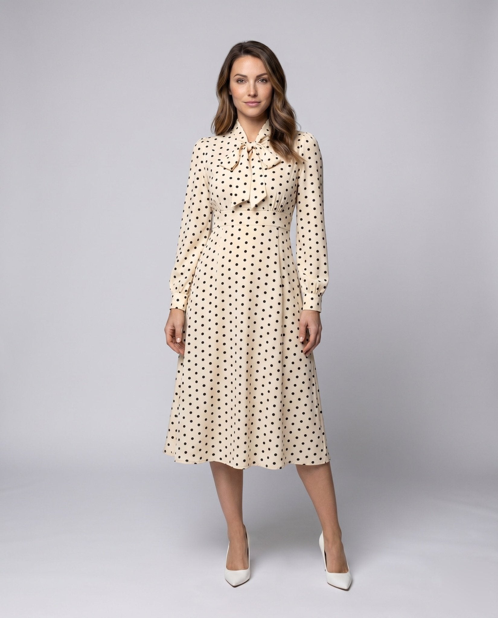 Women's Midi Dress with Elegant Bow Collar and Playful Dots - Chichicherry