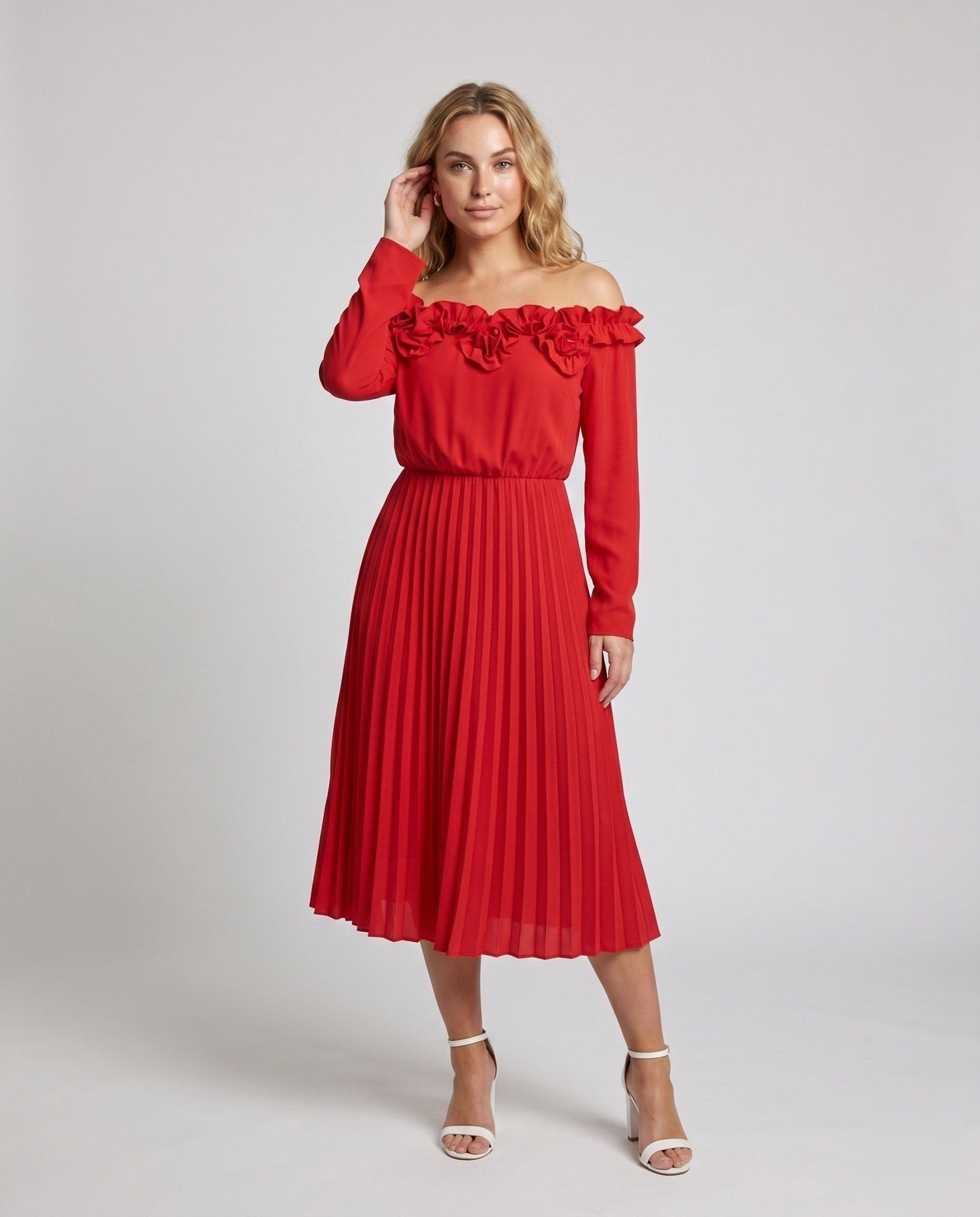 Women’s midi dress with elegant ruffles and pleated skirt - Chichicherry
