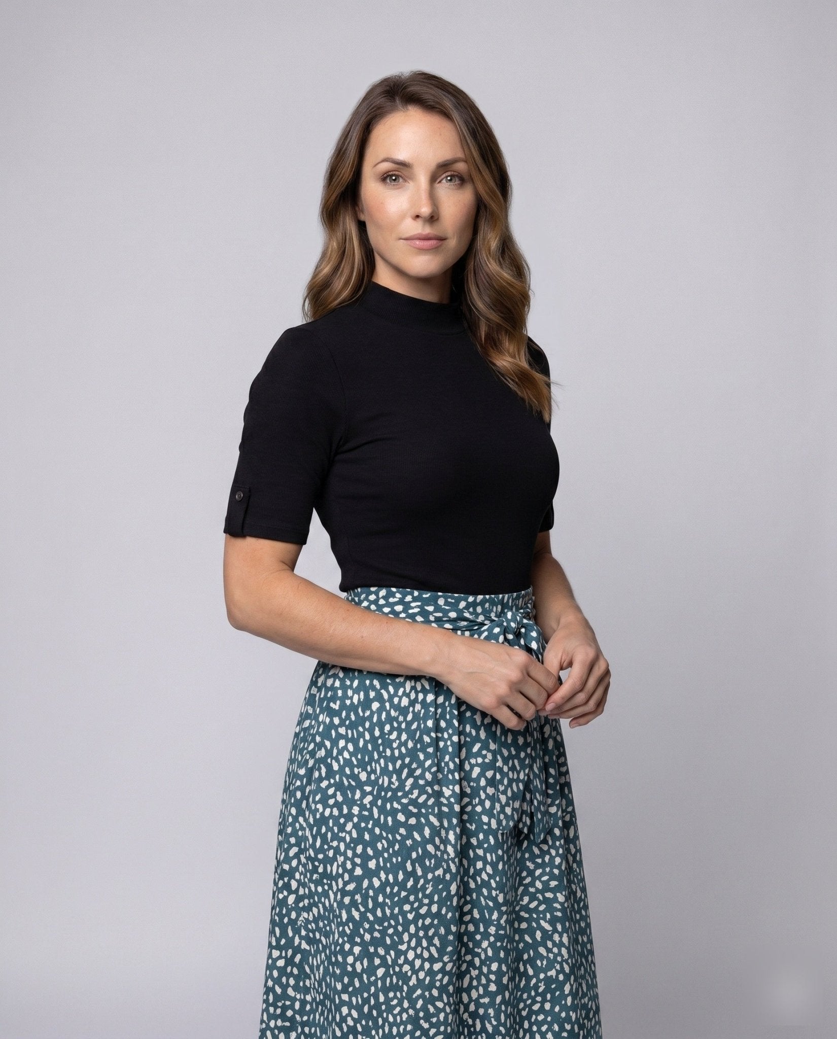 Women's midi dress with elegant tie belt and stylish polka dot pattern - Chichicherry