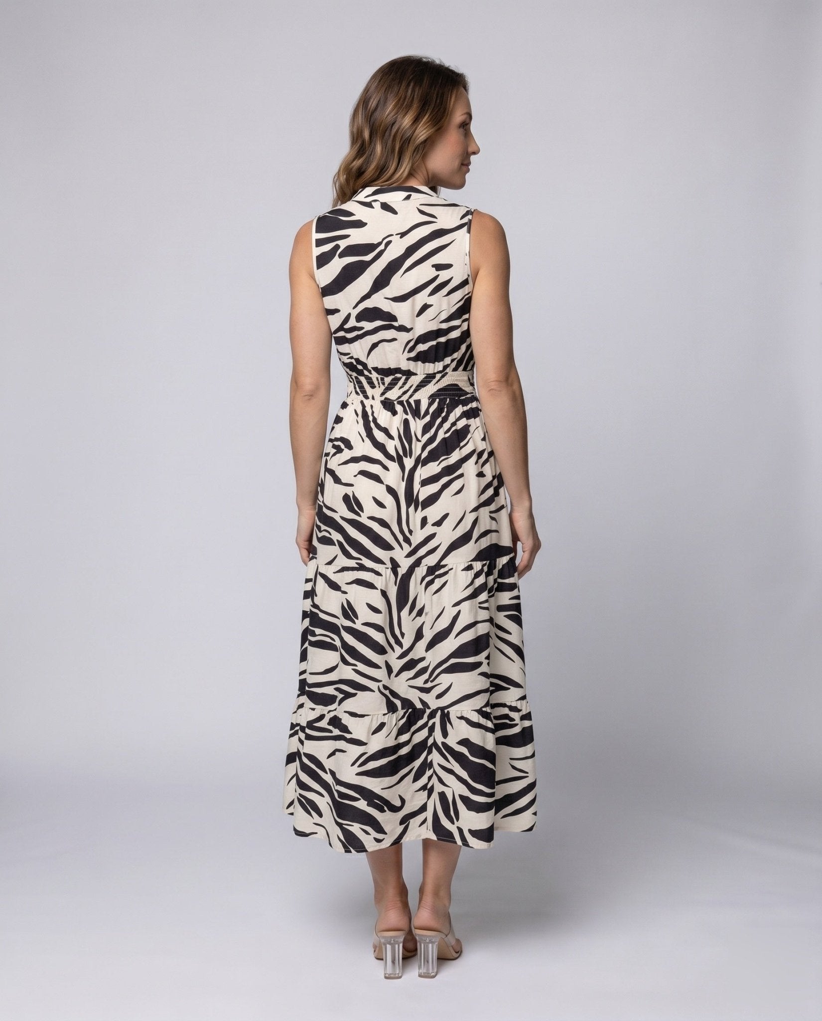Women's Midi Dress with elegant zebra pattern and voluminous skirt - Chichicherry