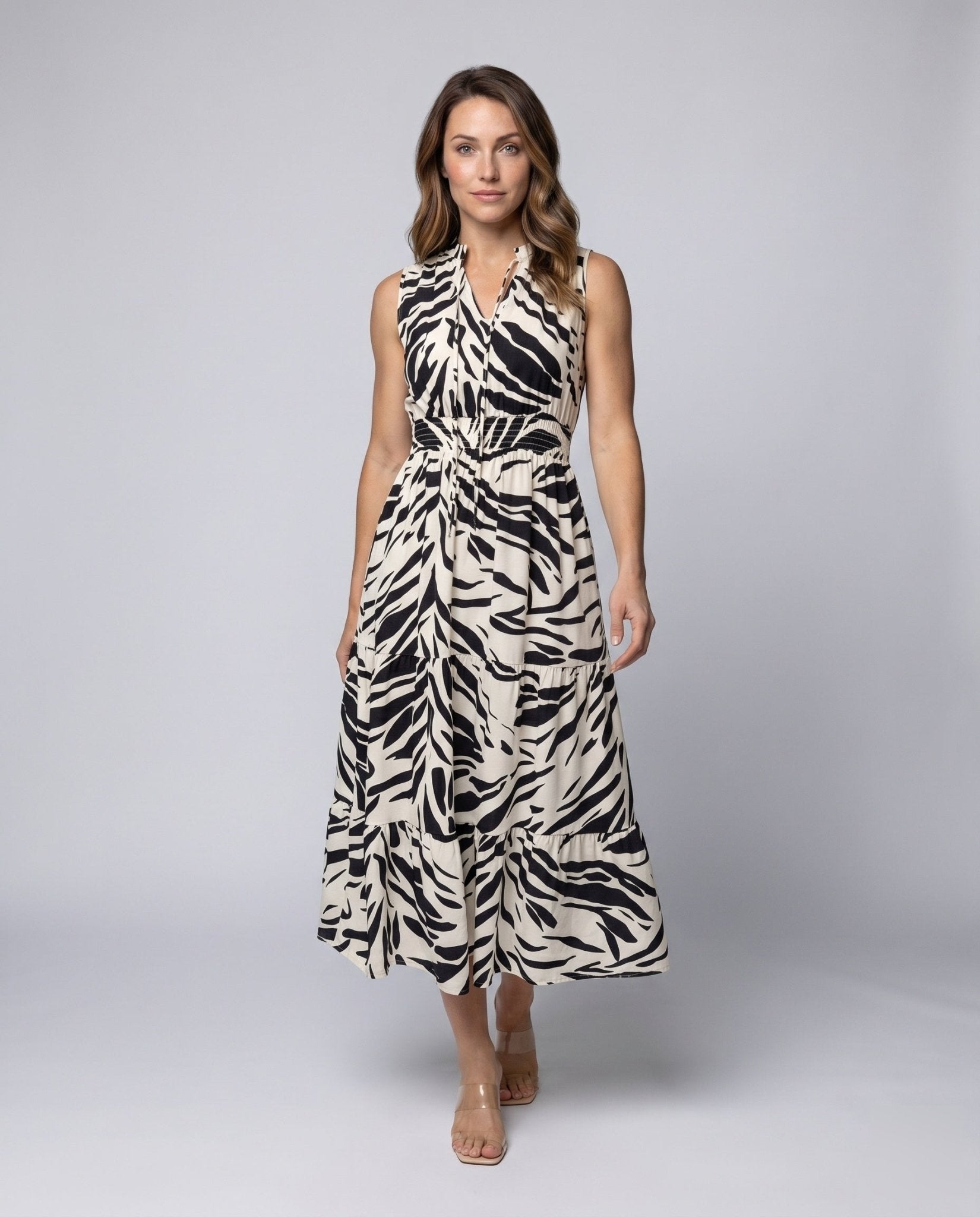 Women's Midi Dress with elegant zebra pattern and voluminous skirt - Chichicherry