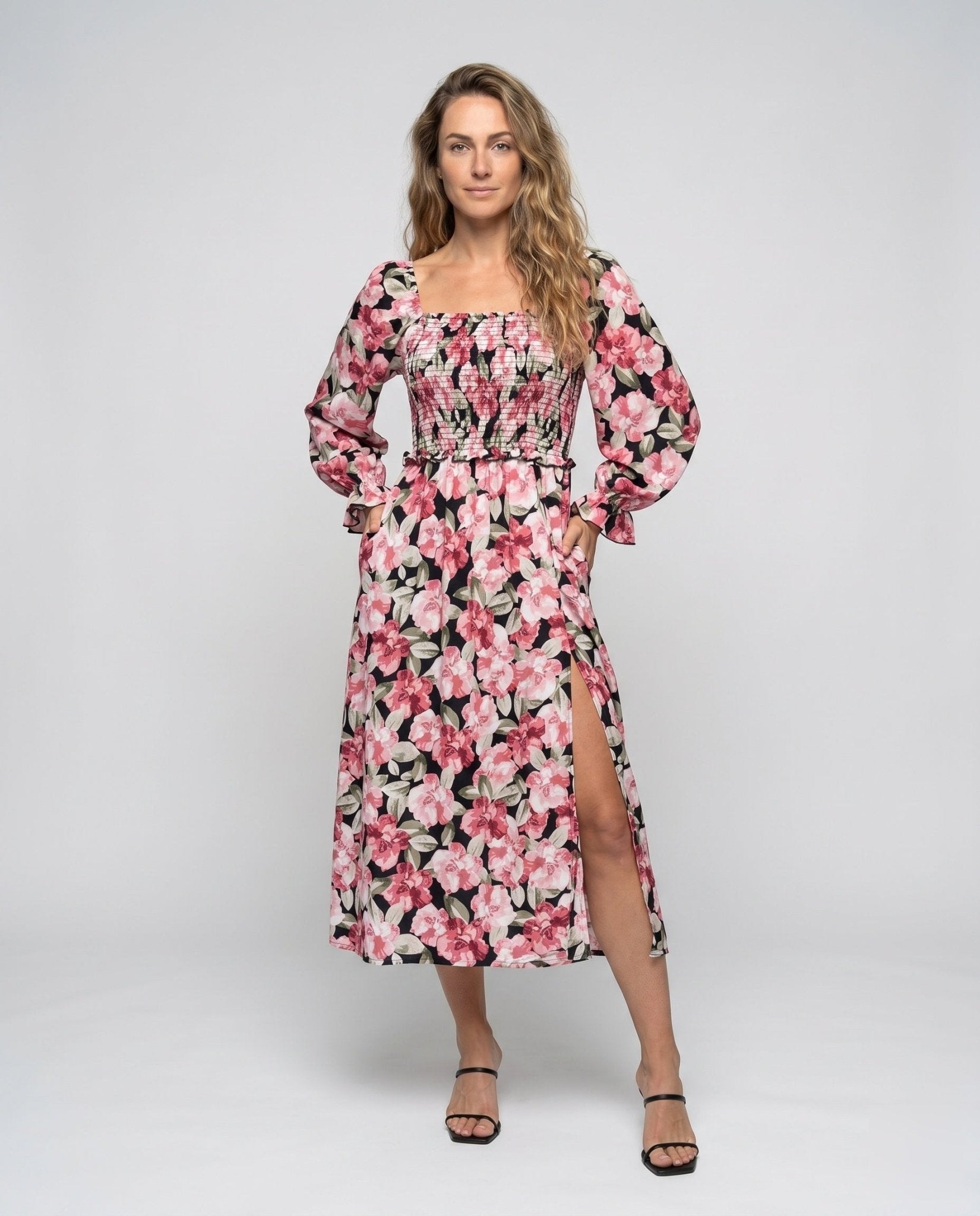 Women's midi dress with floral design and stylish slit - Chichicherry
