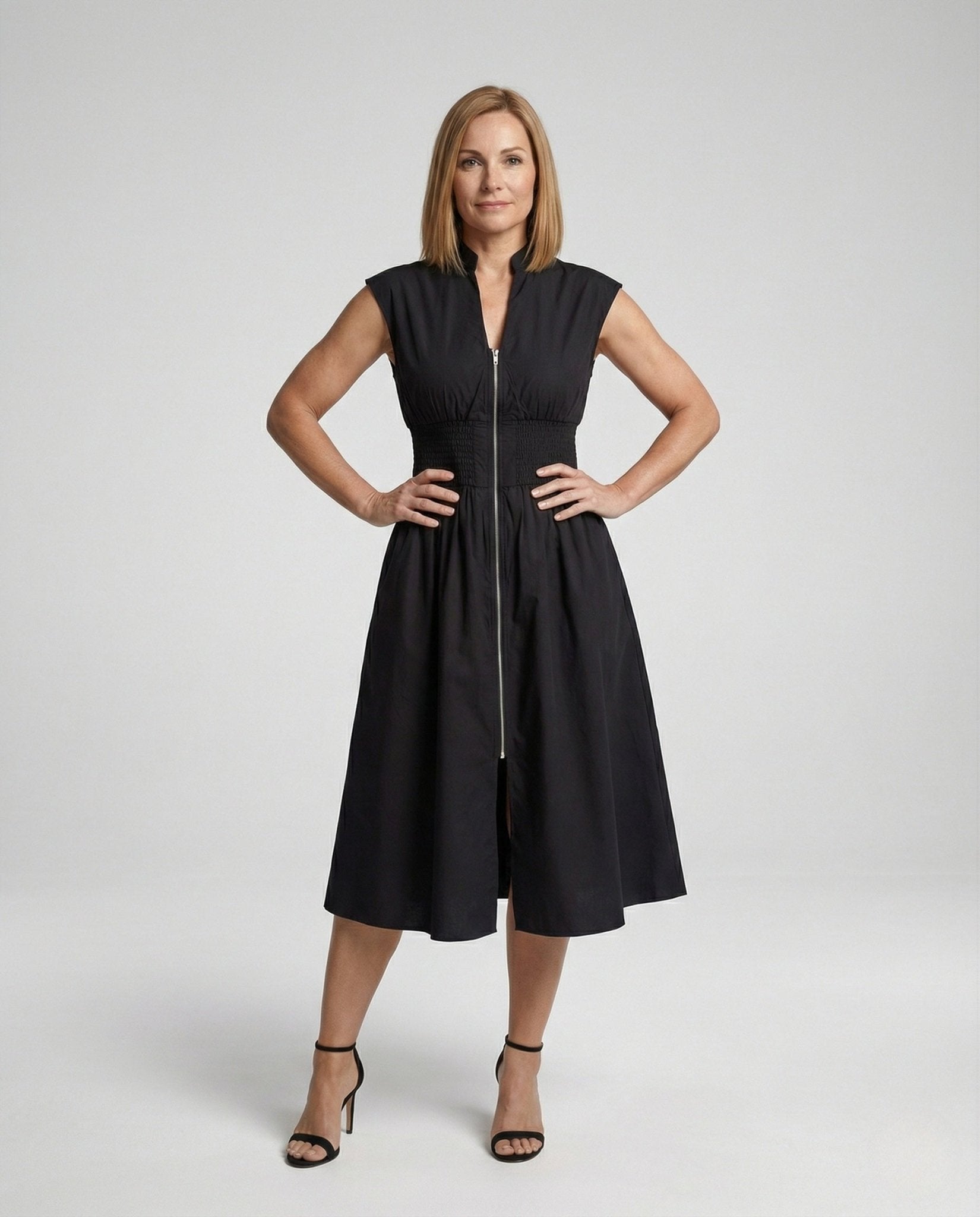 Women's midi dress with front zipper and smocked waist - Chichicherry