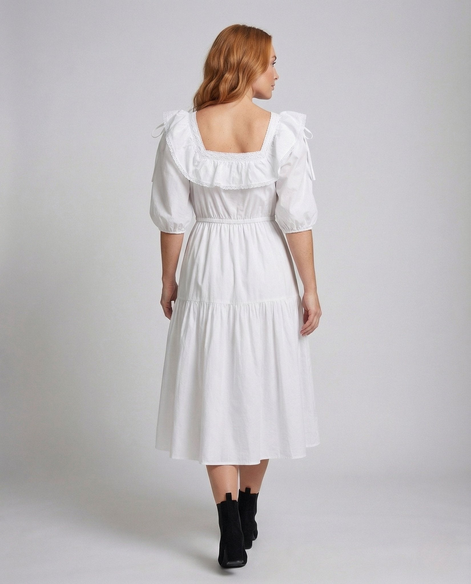 Women's midi dress with ruffled collar - Chichicherry