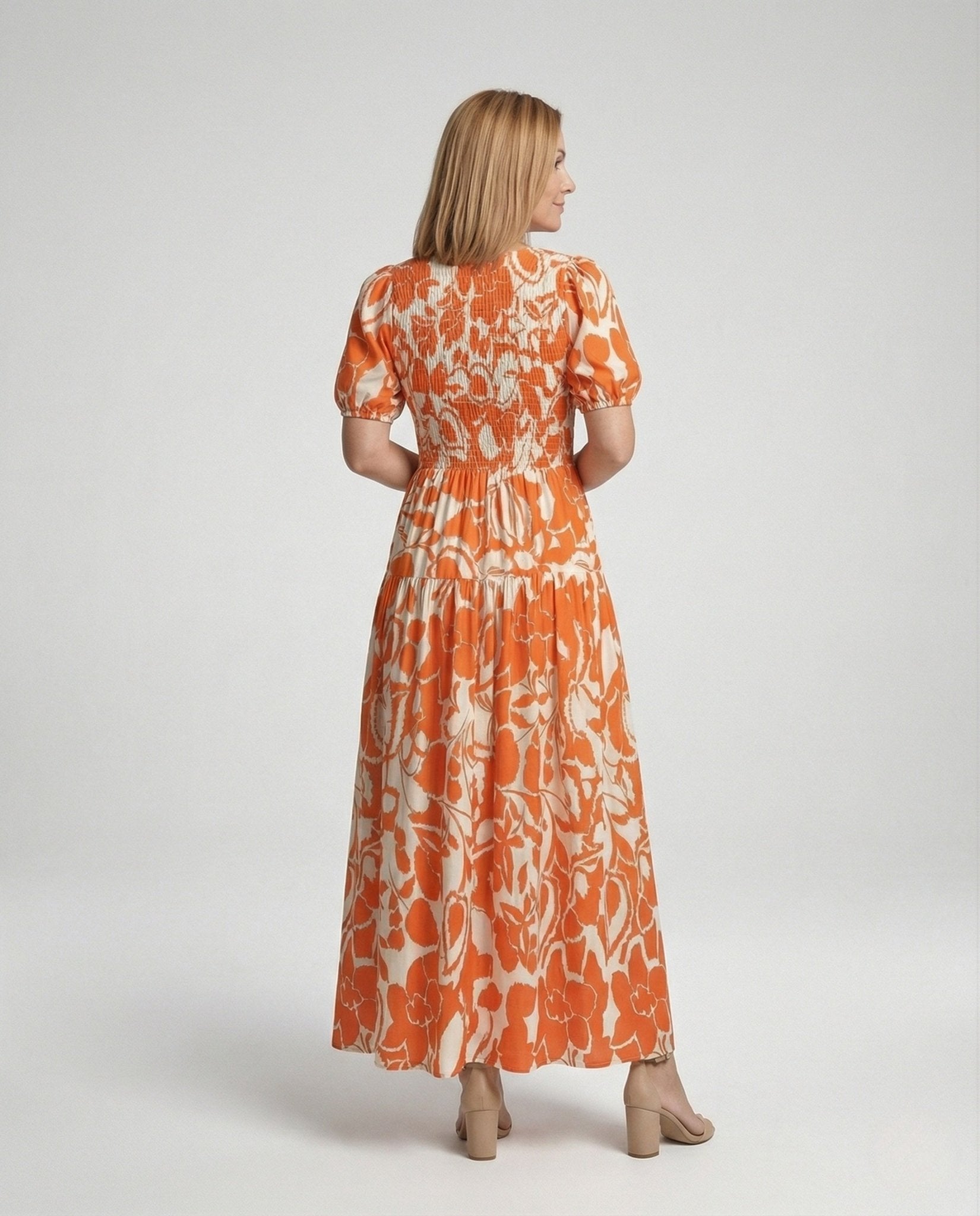 Women's midi dress with smocked waist and balloon sleeves - Chichicherry