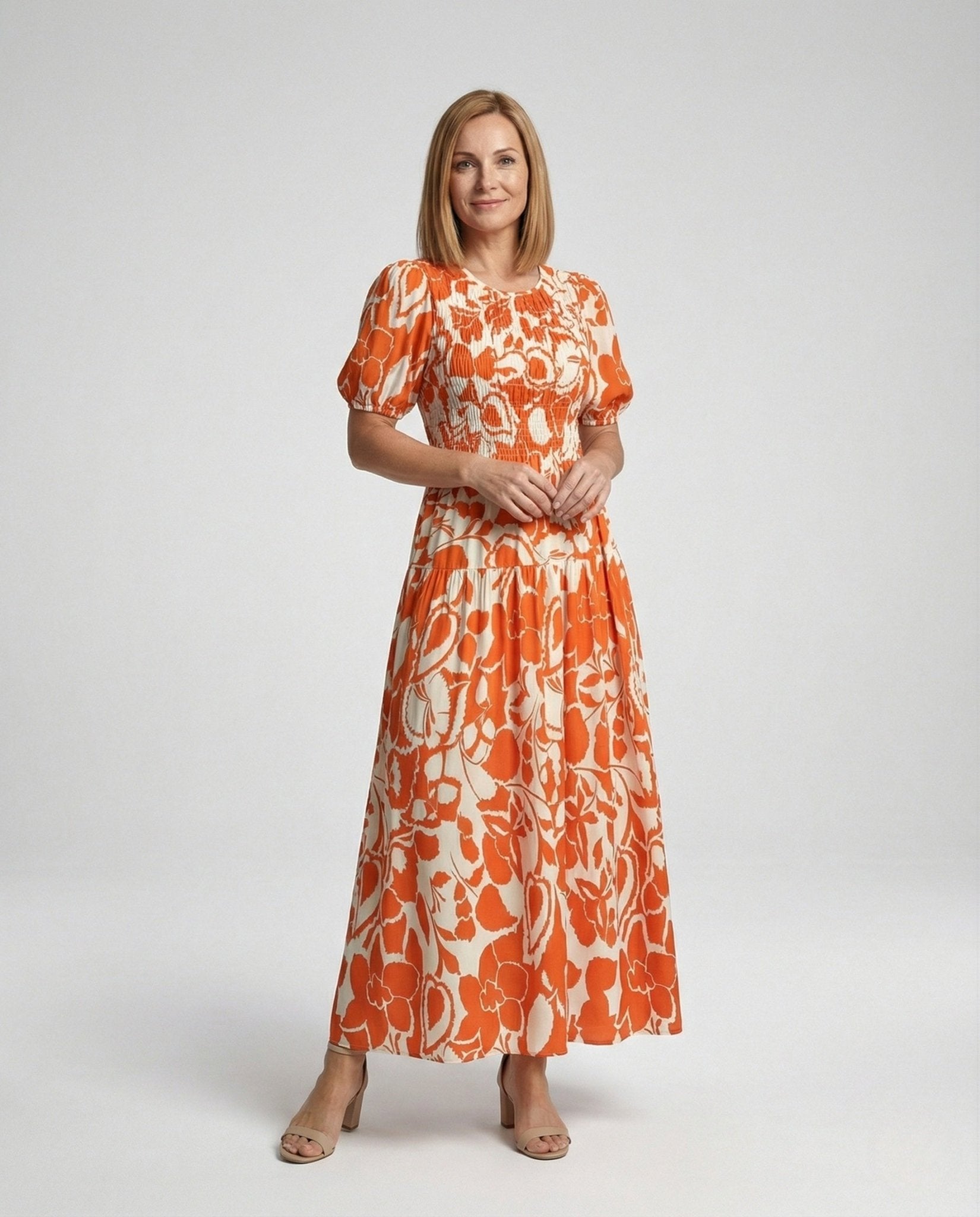 Women's midi dress with smocked waist and balloon sleeves - Chichicherry