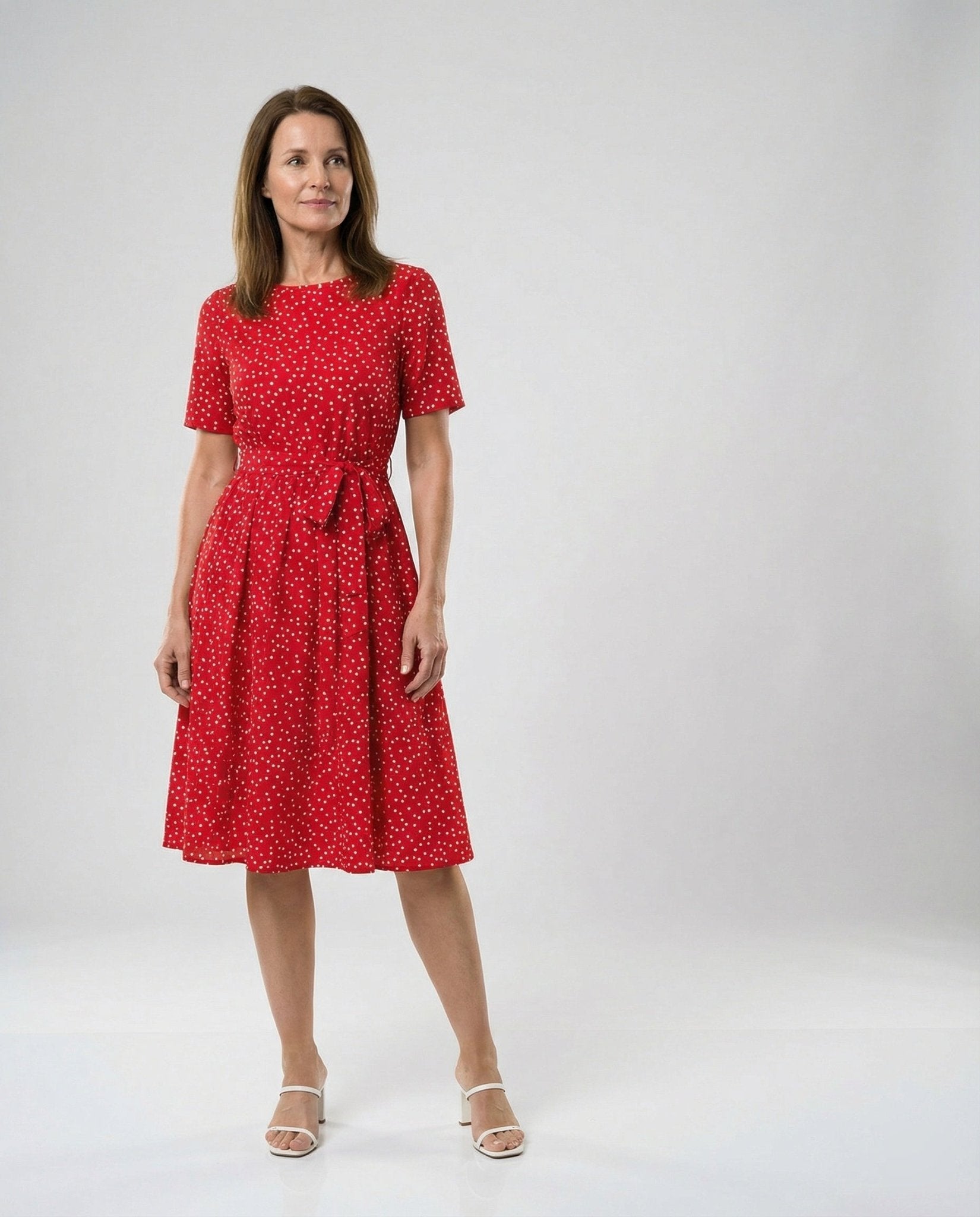Women's Midi Dress with Waist Belt and Dots - Chichicherry