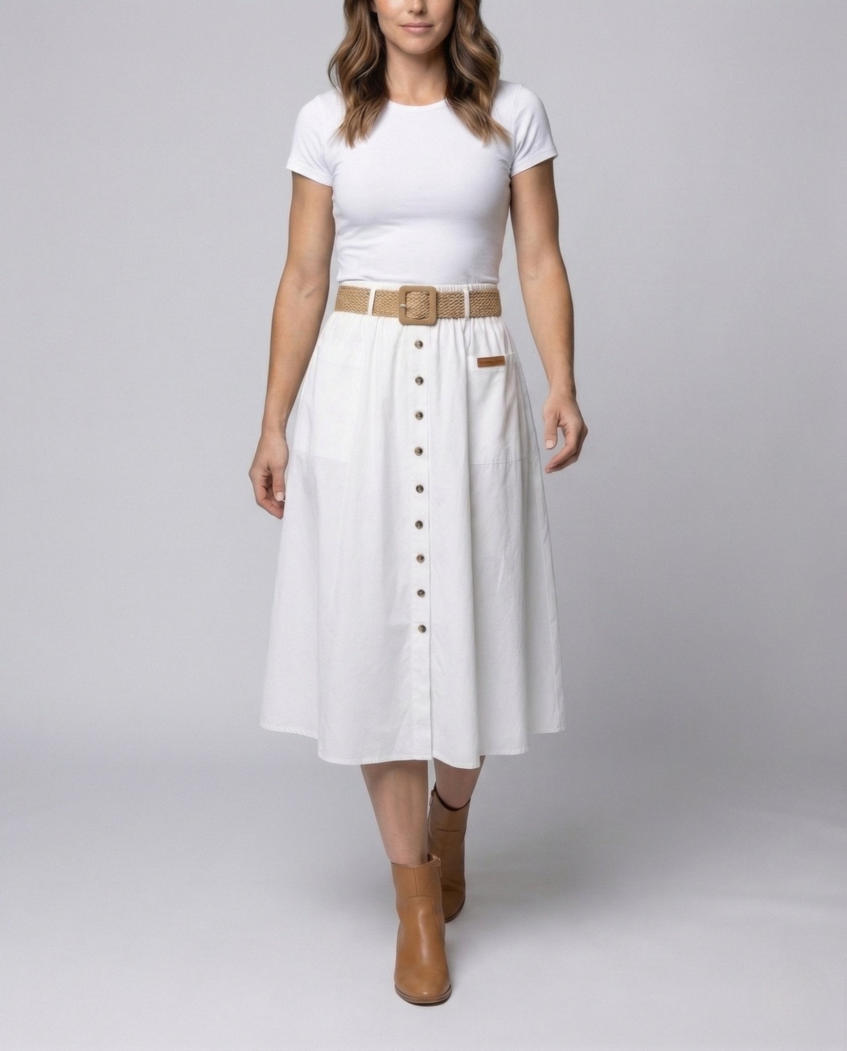Women's Midi Skirt Button Placket Belt - Chichicherry