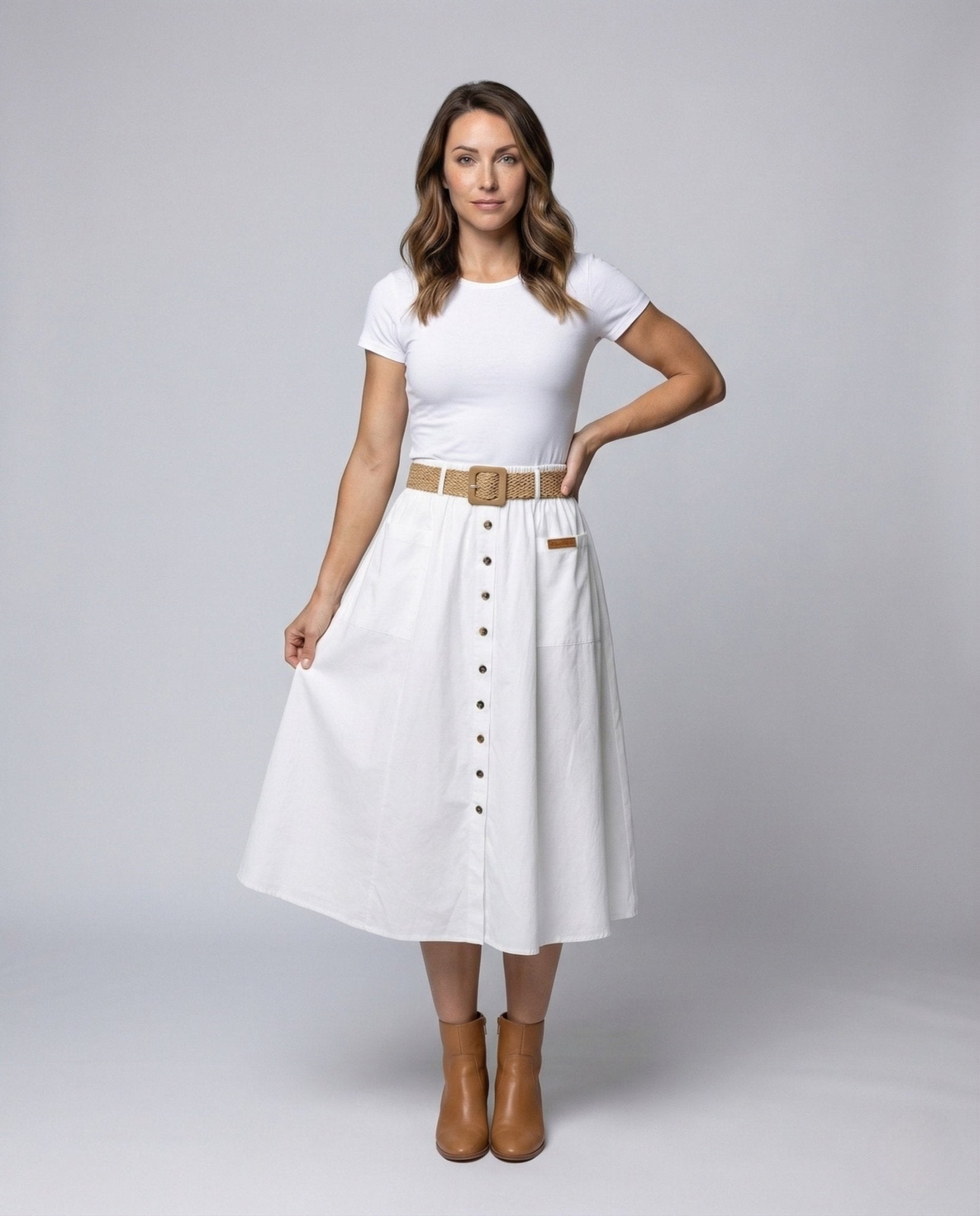 Women's Midi Skirt Button Placket Belt - Chichicherry