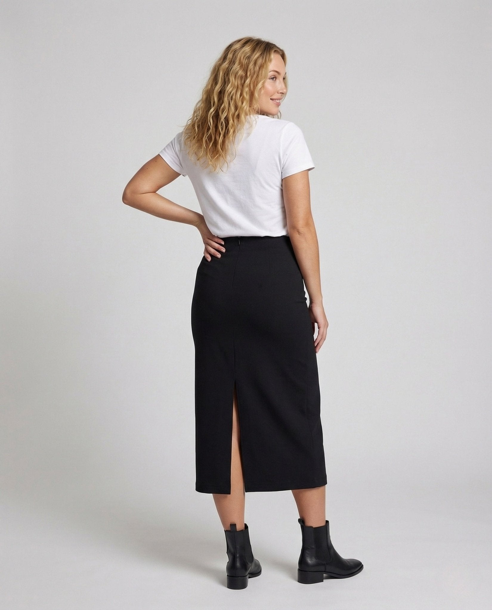 Women's Midi Skirt Straight Front Slit Elastic Waistband - Chichicherry