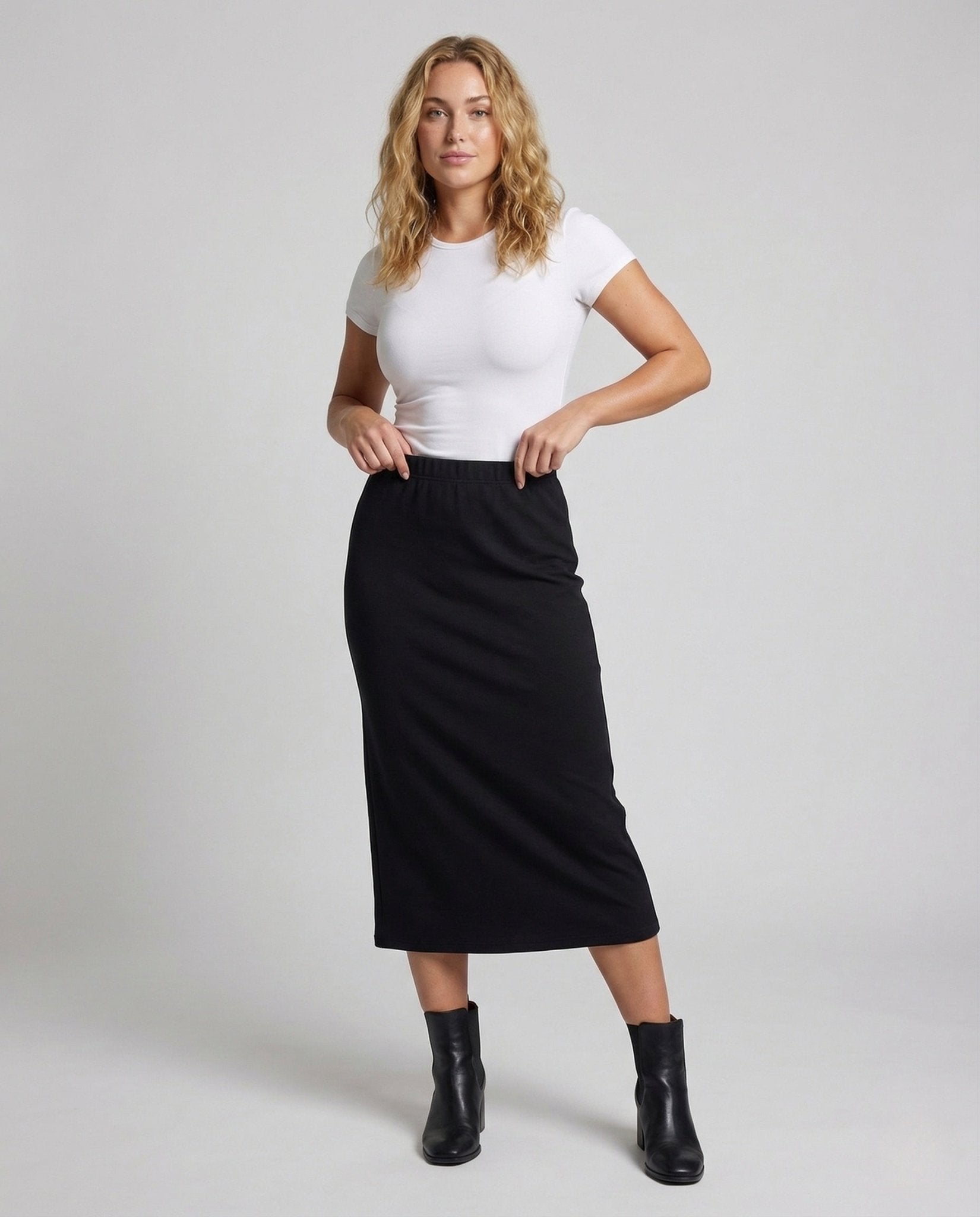 Women's Midi Skirt Straight Front Slit Elastic Waistband - Chichicherry