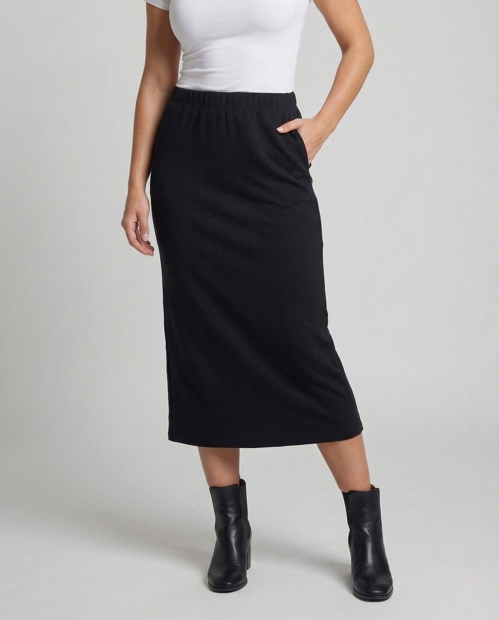 Women's Midi Skirt Straight Front Slit Elastic Waistband - Chichicherry
