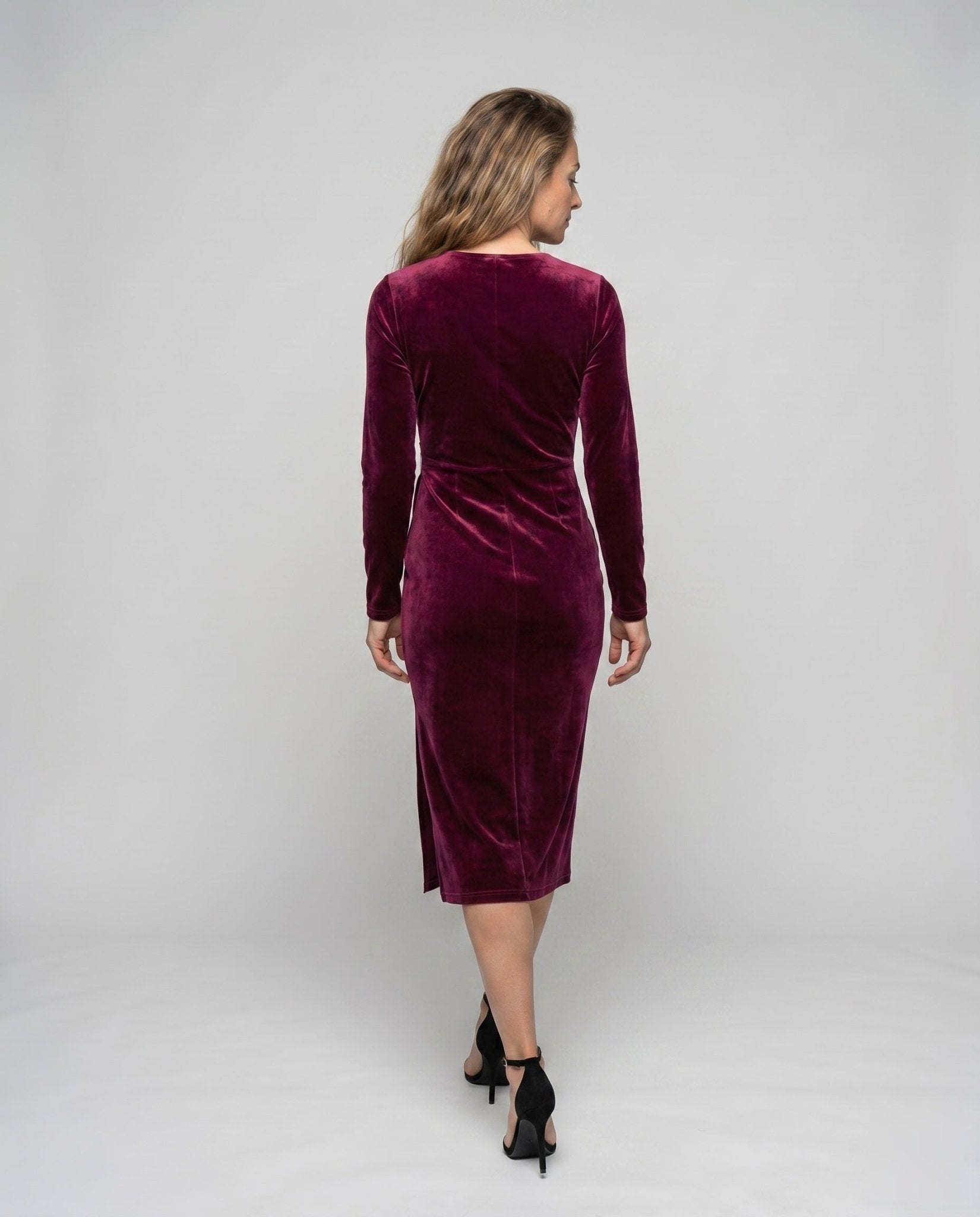 Women's Midi Wrap Dress with Elegant Waist Belt and Long Sleeves - Chichicherry