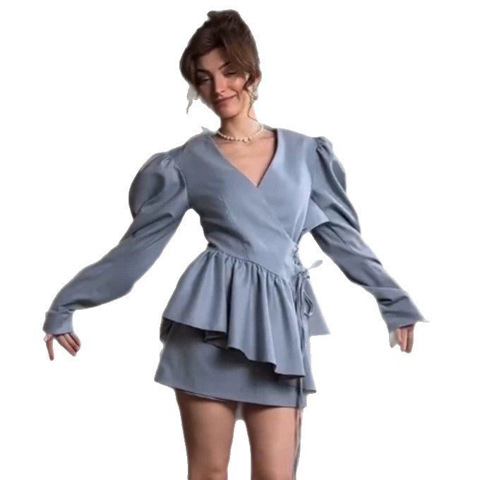 Women's mini dress with ruffle peplum, puff sleeves, and tailored silhouette Chichicherry - Chichicherry