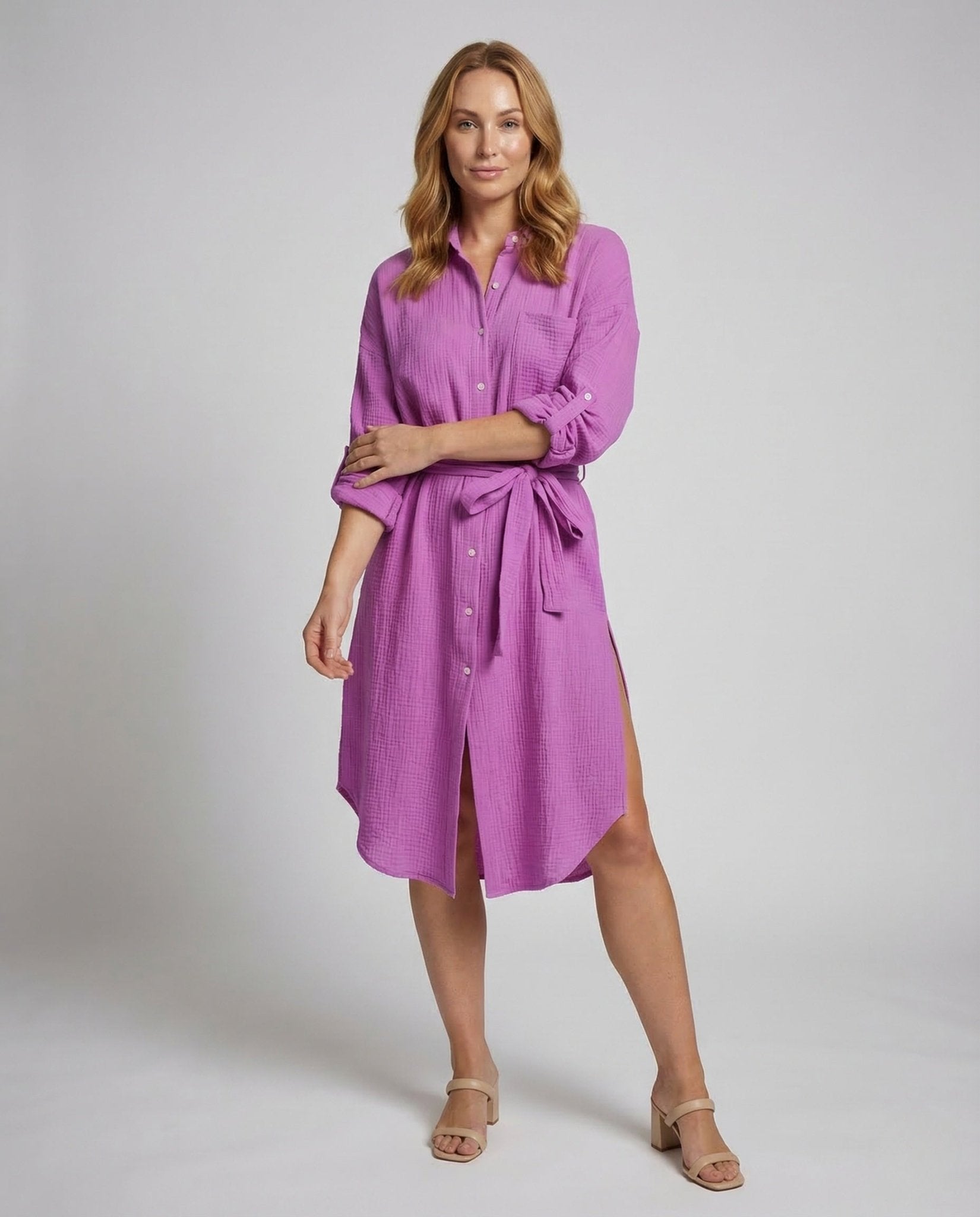 Women's Muslin Shirt Dress Belt Slit - Chichicherry