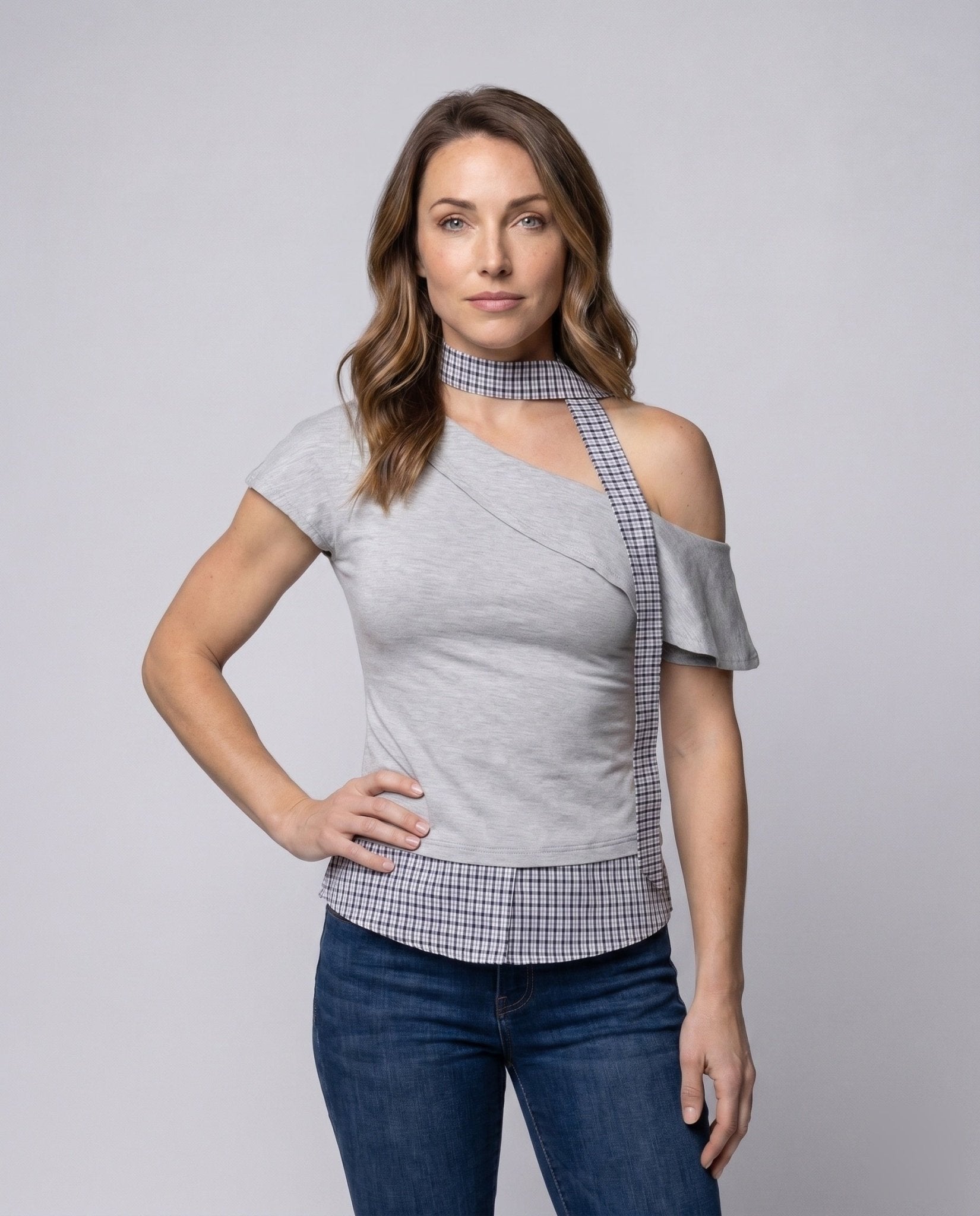 Women's Off-Shoulder Blouse with Check Pattern and Playful Bow Accent - Chichicherry