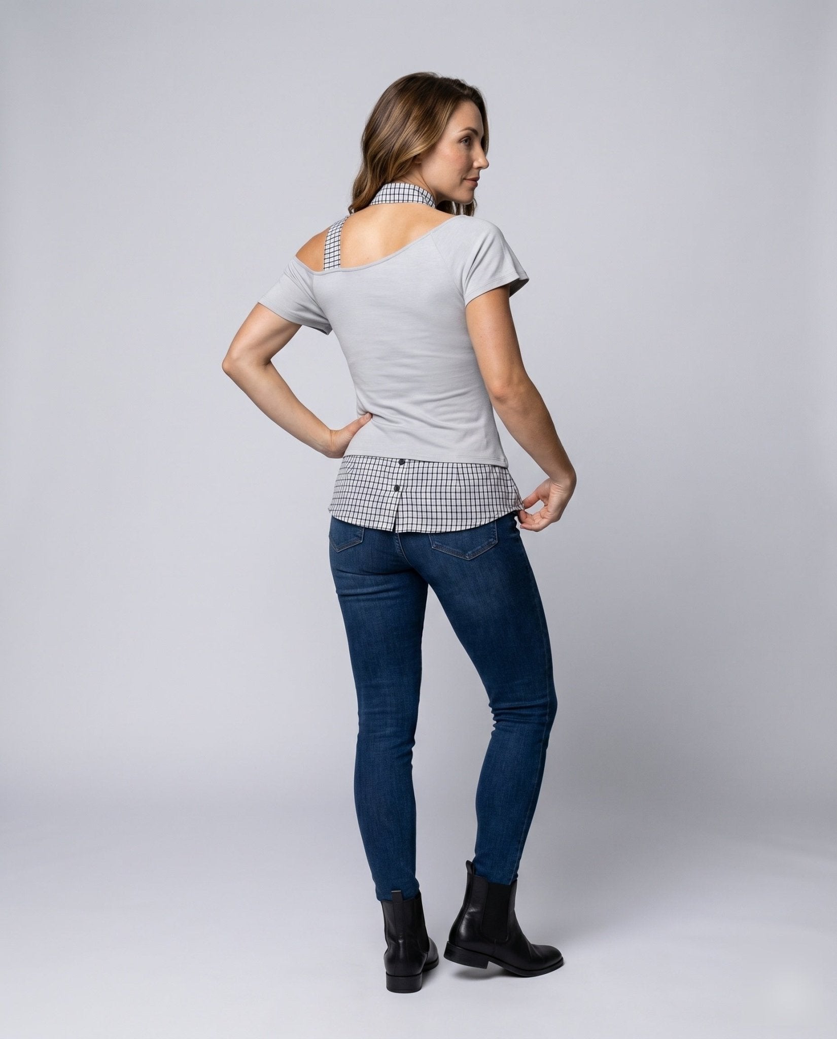 Women's Off-Shoulder Blouse with Check Pattern and Playful Bow Accent - Chichicherry