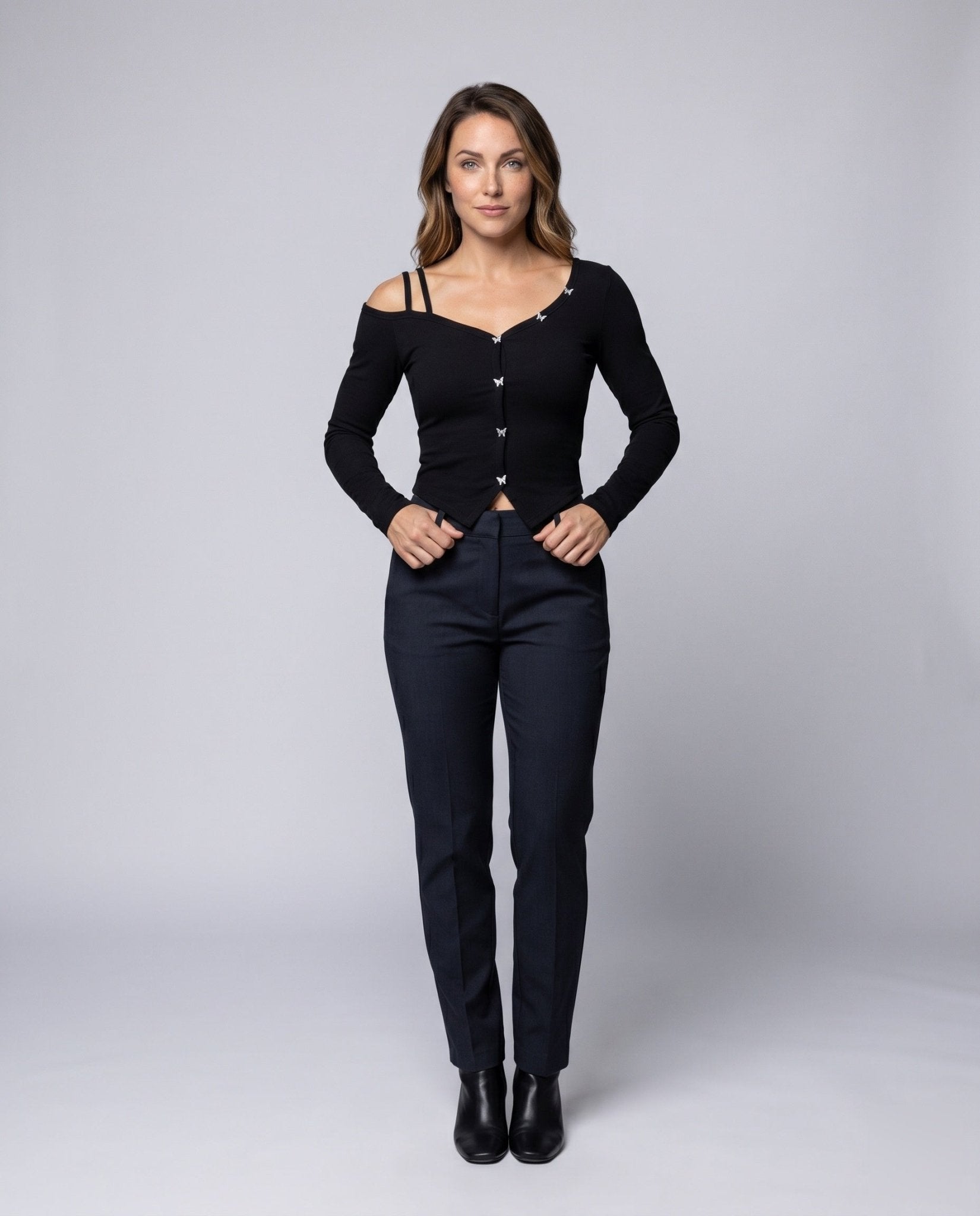 Women's Off-Shoulder Blouse with Decorative Butterfly Buttons - Chichicherry
