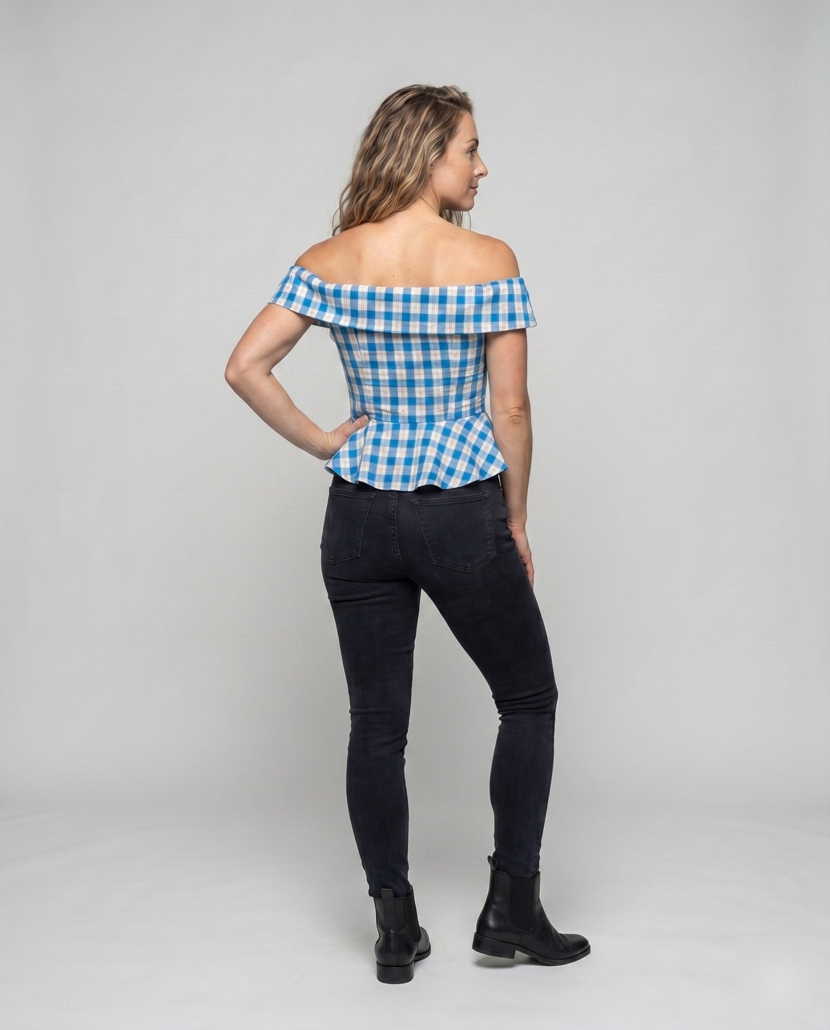 Women's Off-Shoulder Blouse with Houndstooth Pattern and Romantic Ruffle Hem - Chichicherry