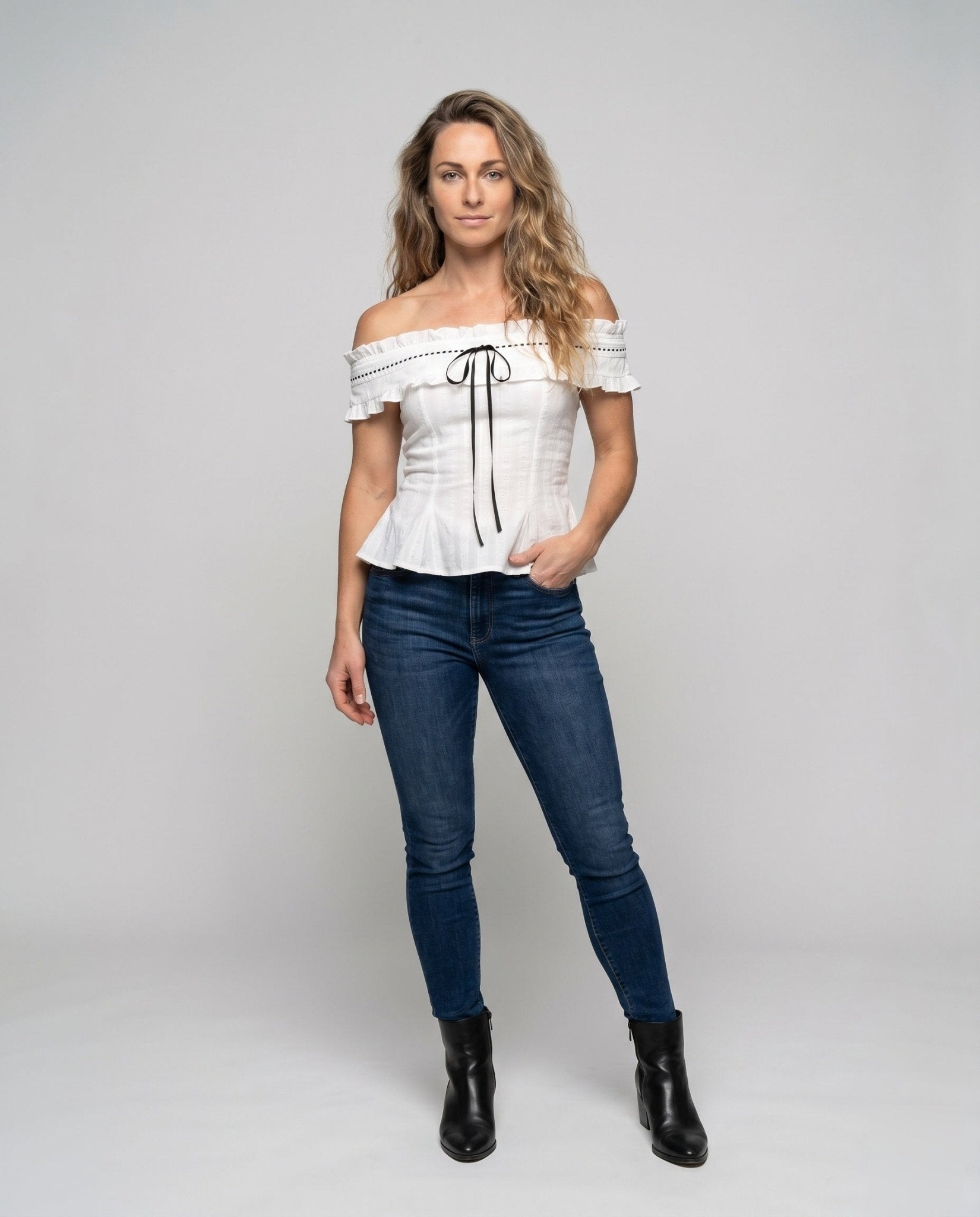 Women's Off-Shoulder Blouse with Ruffles and Satin Ribbon - Chichicherry