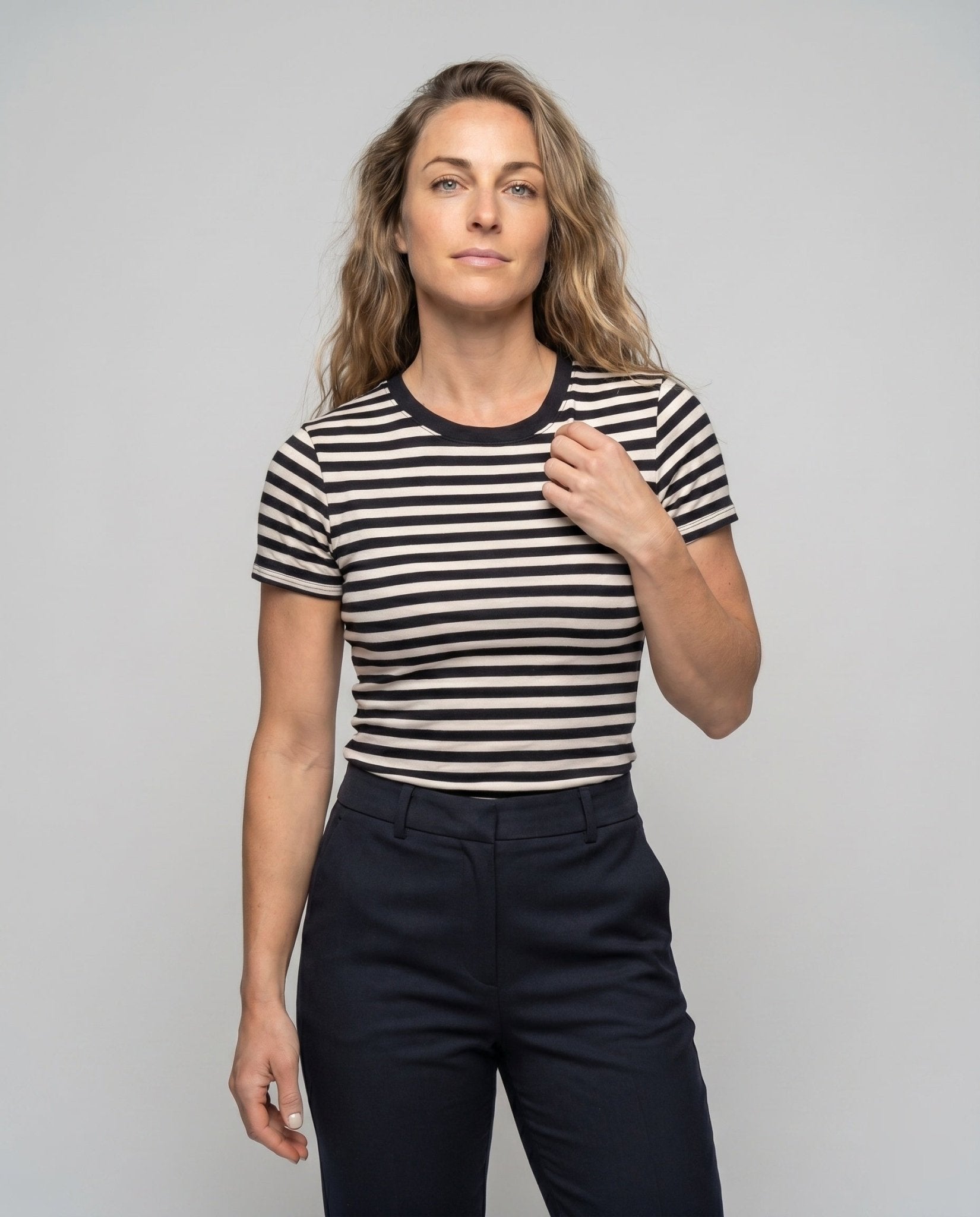 Women's Off-Shoulder Striped T-Shirt with Fitted Cut - Chichicherry