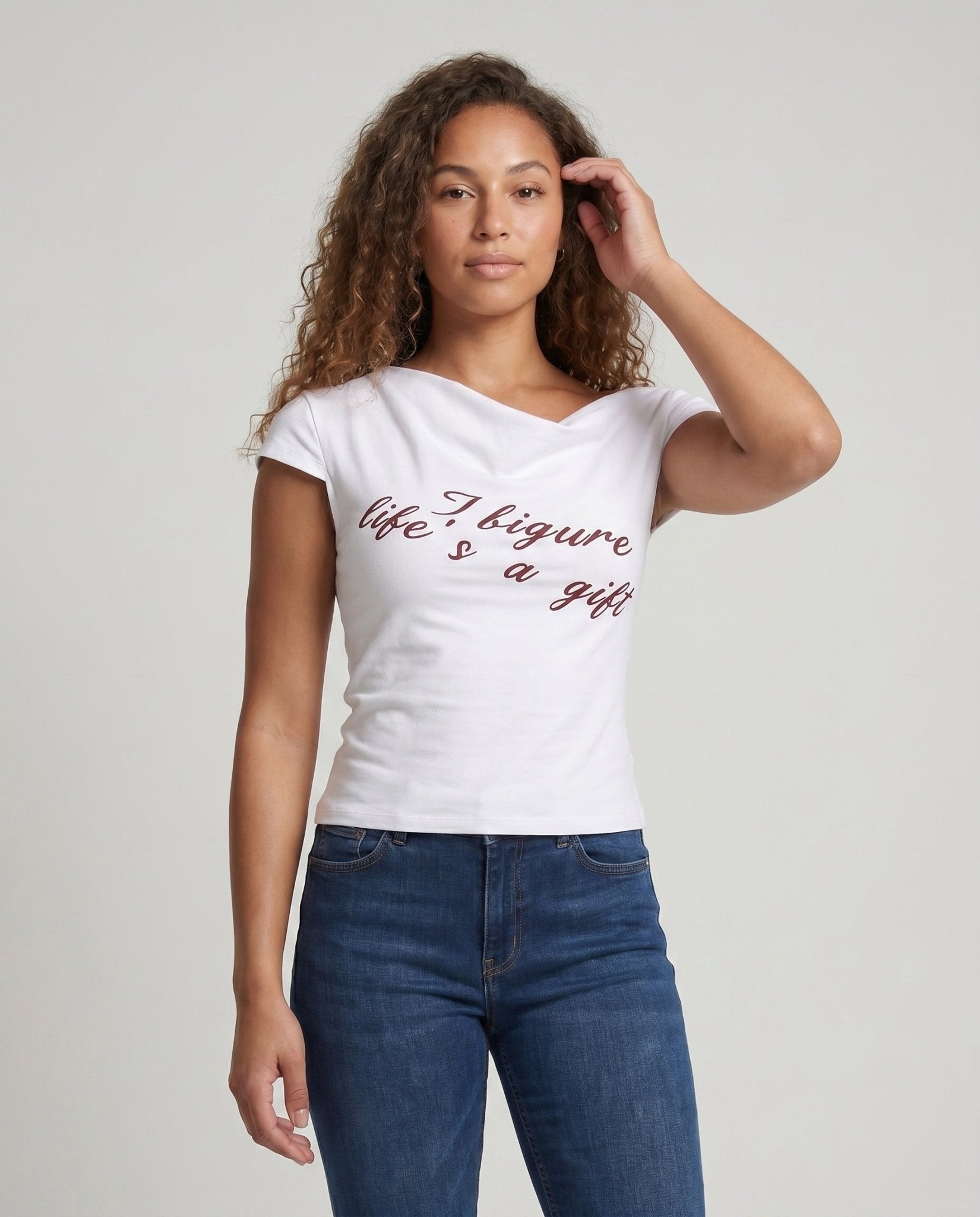 Women's Off-Shoulder T-Shirt with playful lettering - Chichicherry