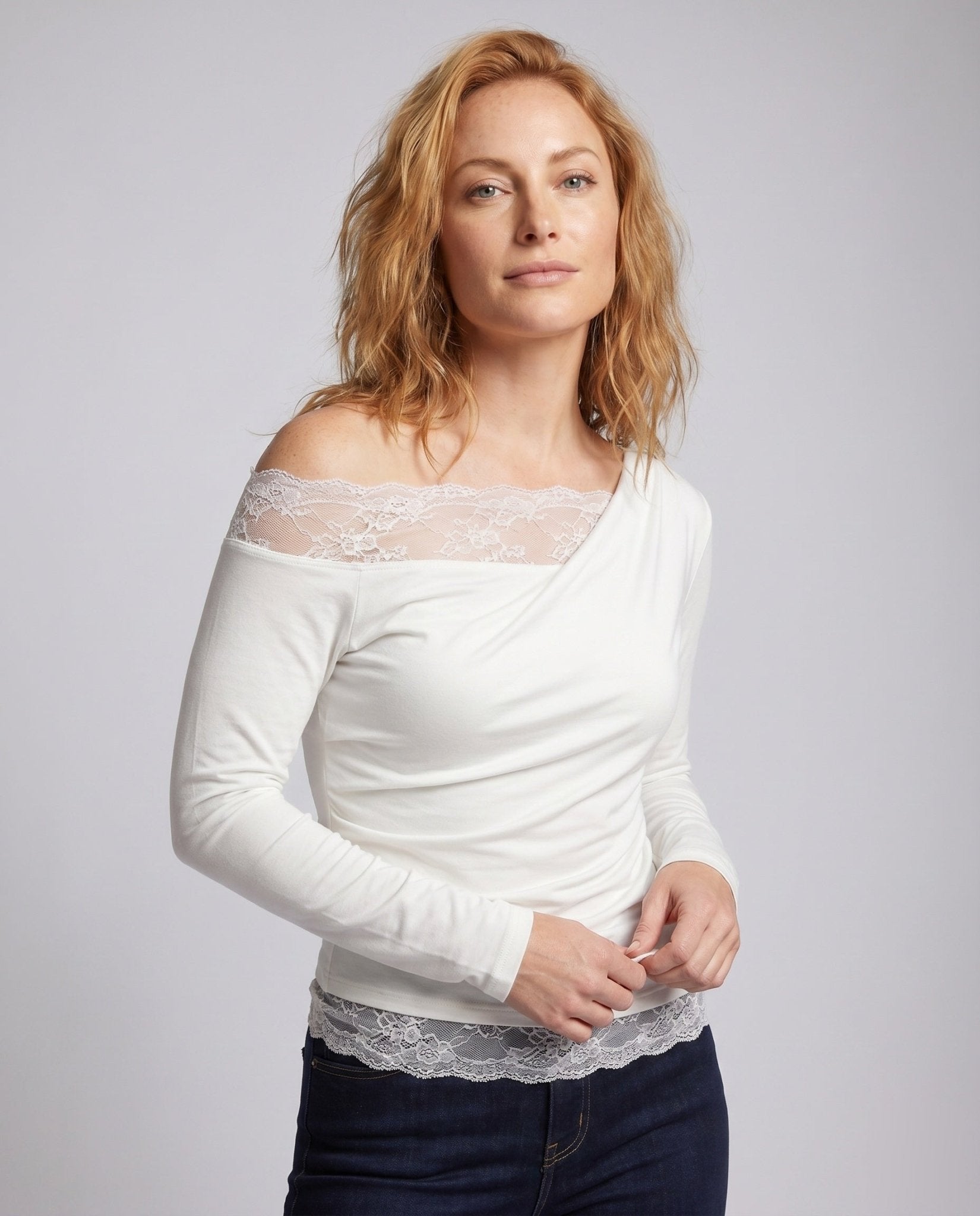 Women's Off-Shoulder Top with Delicate Lace Trim and Casual Cut - Chichicherry