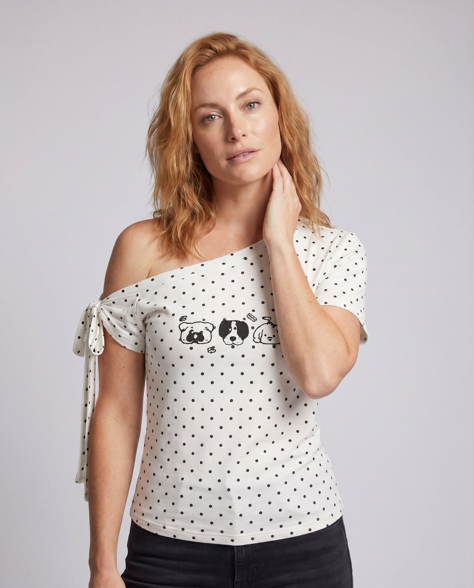 Women's Off-Shoulder Top with Playful Animal Design and Ruffle Accent - Chichicherry