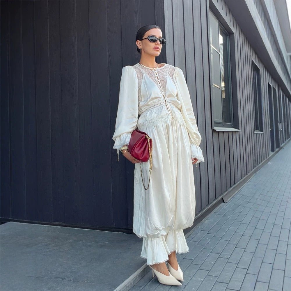 Women's One-Piece Satin Jumpsuit with Lace Yoke, Puff Sleeves and Voluminous Harem Pants Chichicherry - Chichicherry