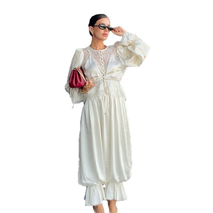 Women's One-Piece Satin Jumpsuit with Lace Yoke, Puff Sleeves and Voluminous Harem Pants Chichicherry - Chichicherry