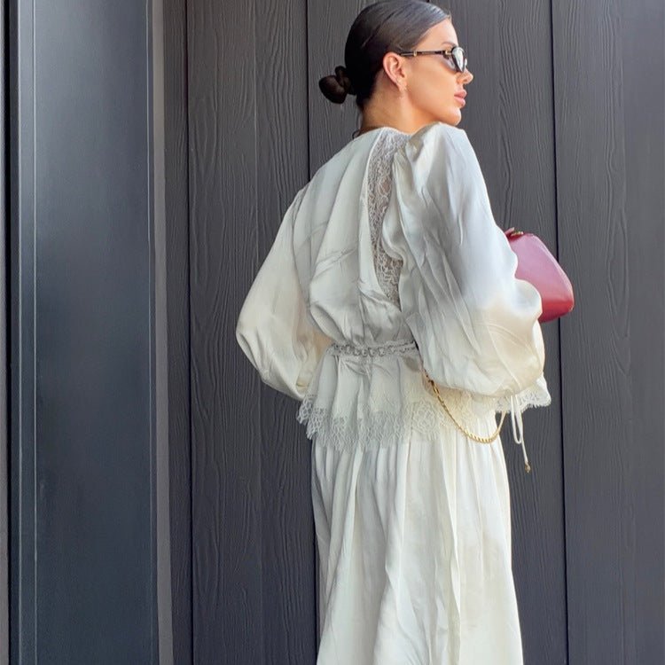 Women's One-Piece Satin Jumpsuit with Lace Yoke, Puff Sleeves and Voluminous Harem Pants Chichicherry - Chichicherry