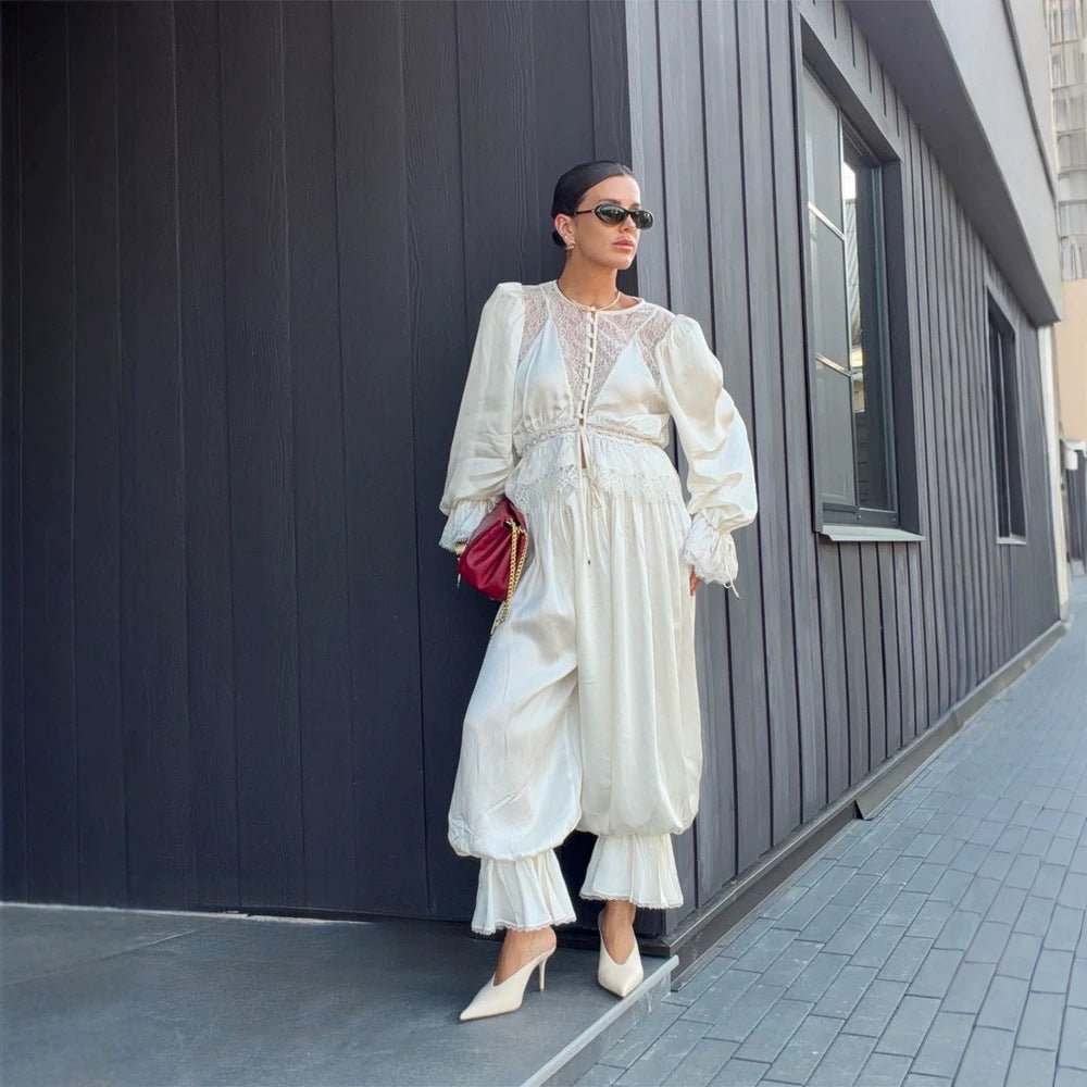 Women's One-Piece Satin Jumpsuit with Lace Yoke, Puff Sleeves and Voluminous Harem Pants Chichicherry - Chichicherry