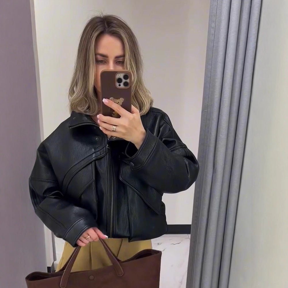 Women's Oversize Bomber Jacket made of textured faux leather with overlapping flap front Chichicherry - Chichicherry