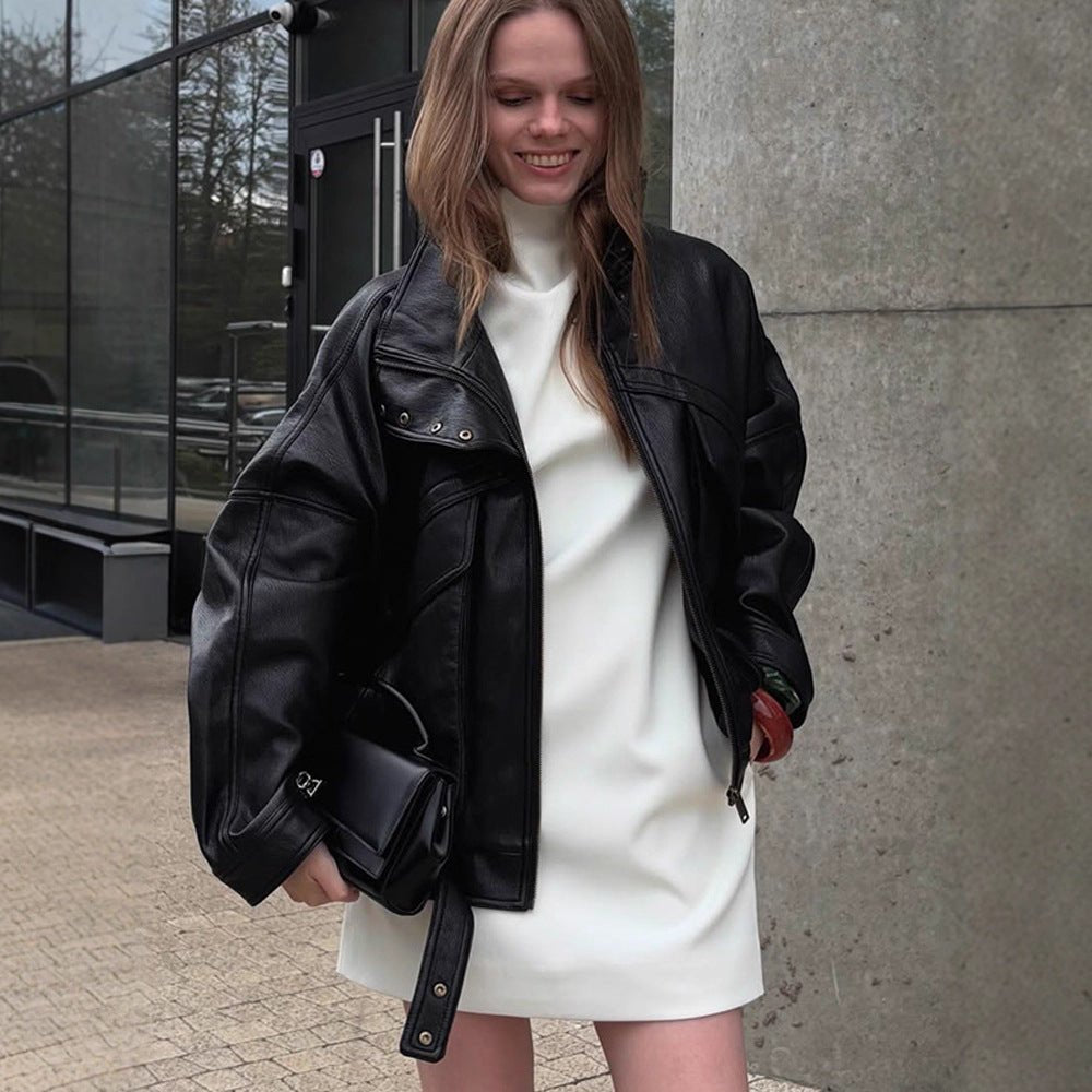 Women's Oversize Bomber Jacket made of textured faux leather with overlapping flap front Chichicherry - Chichicherry