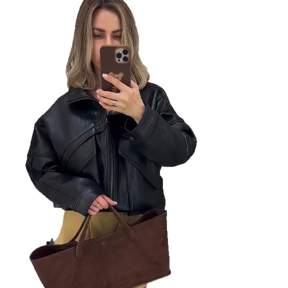 Women's Oversize Bomber Jacket made of textured faux leather with overlapping flap front Chichicherry - Chichicherry