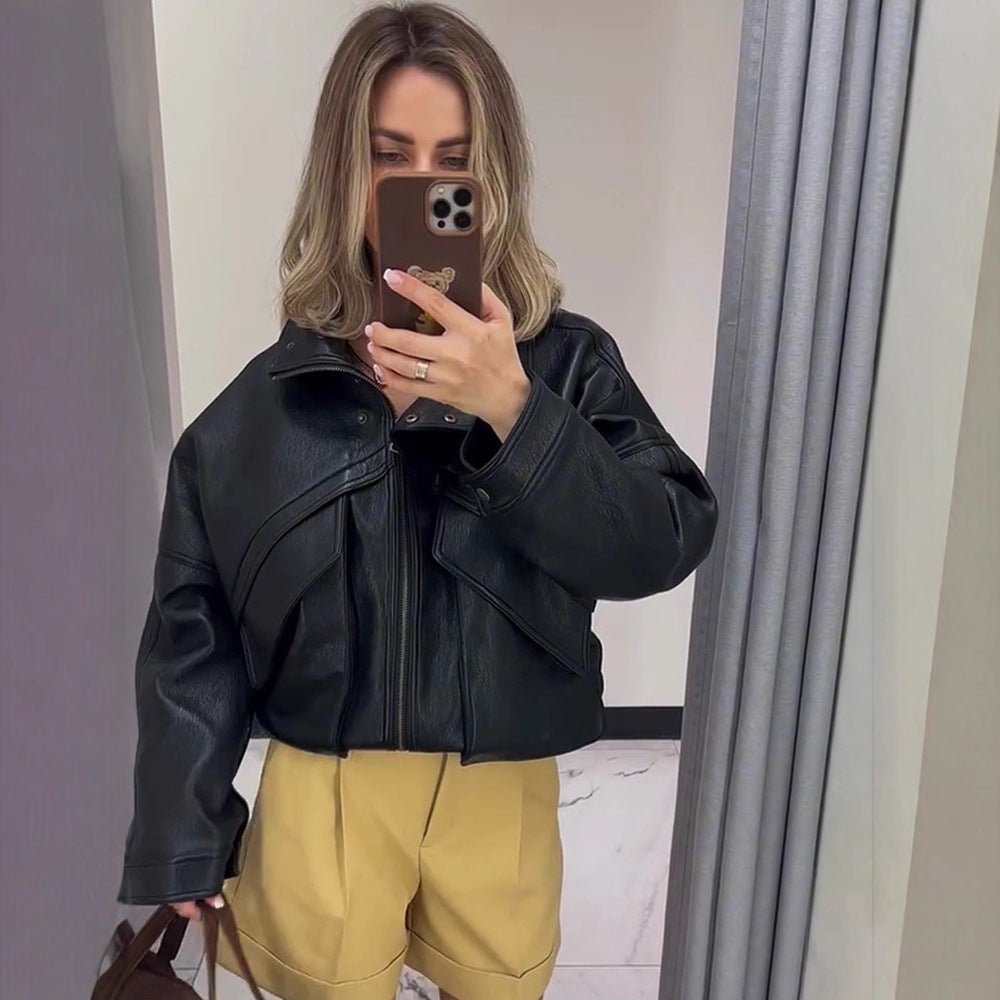 Women's Oversize Bomber Jacket made of textured faux leather with overlapping flap front Chichicherry - Chichicherry
