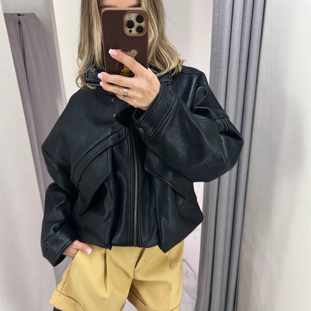 Women's Oversize Bomber Jacket made of textured faux leather with overlapping flap front Chichicherry - Chichicherry