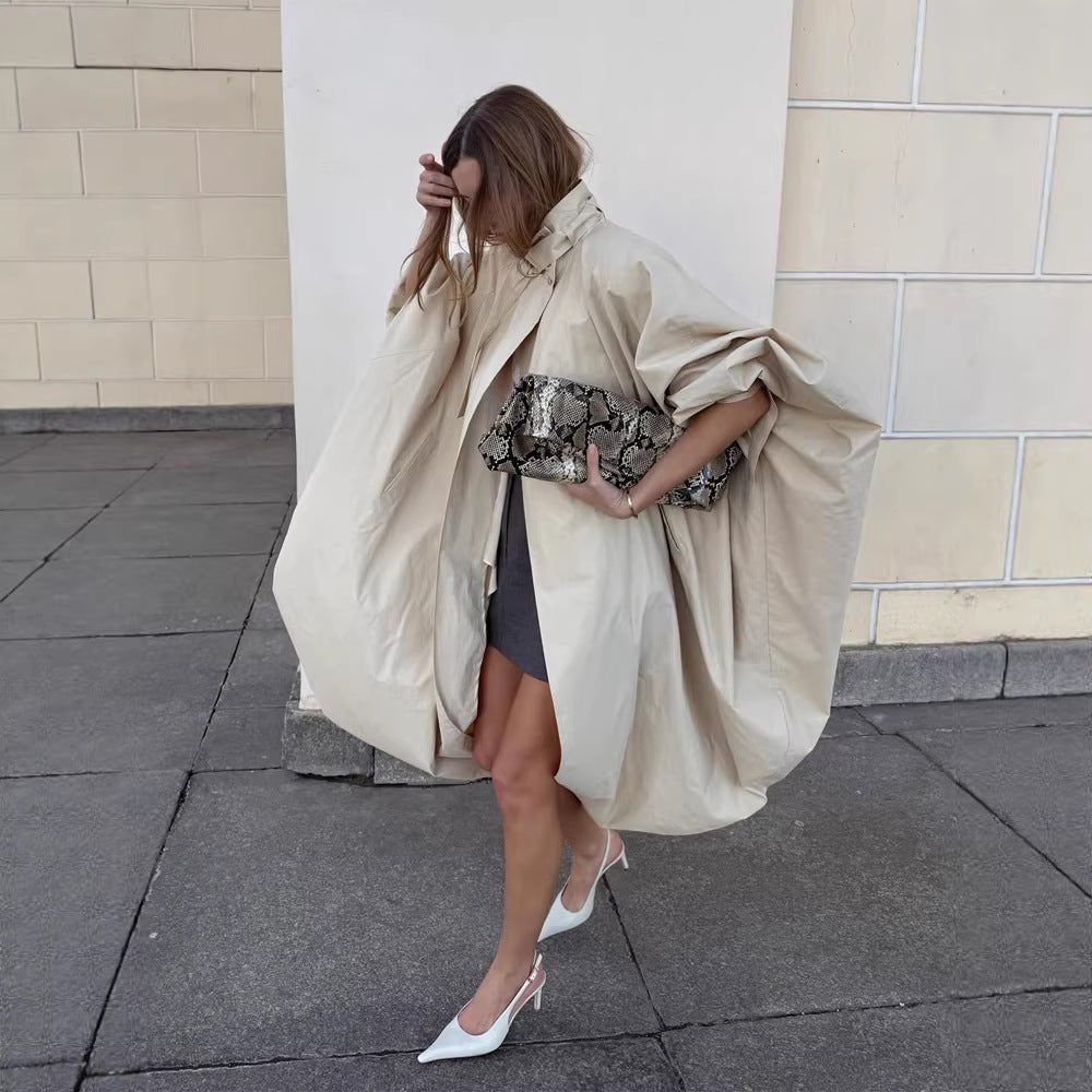 Women's Oversize Cape Coat with Stand-up Collar and Balloon-shaped Silhouette Chichicherry - Chichicherry